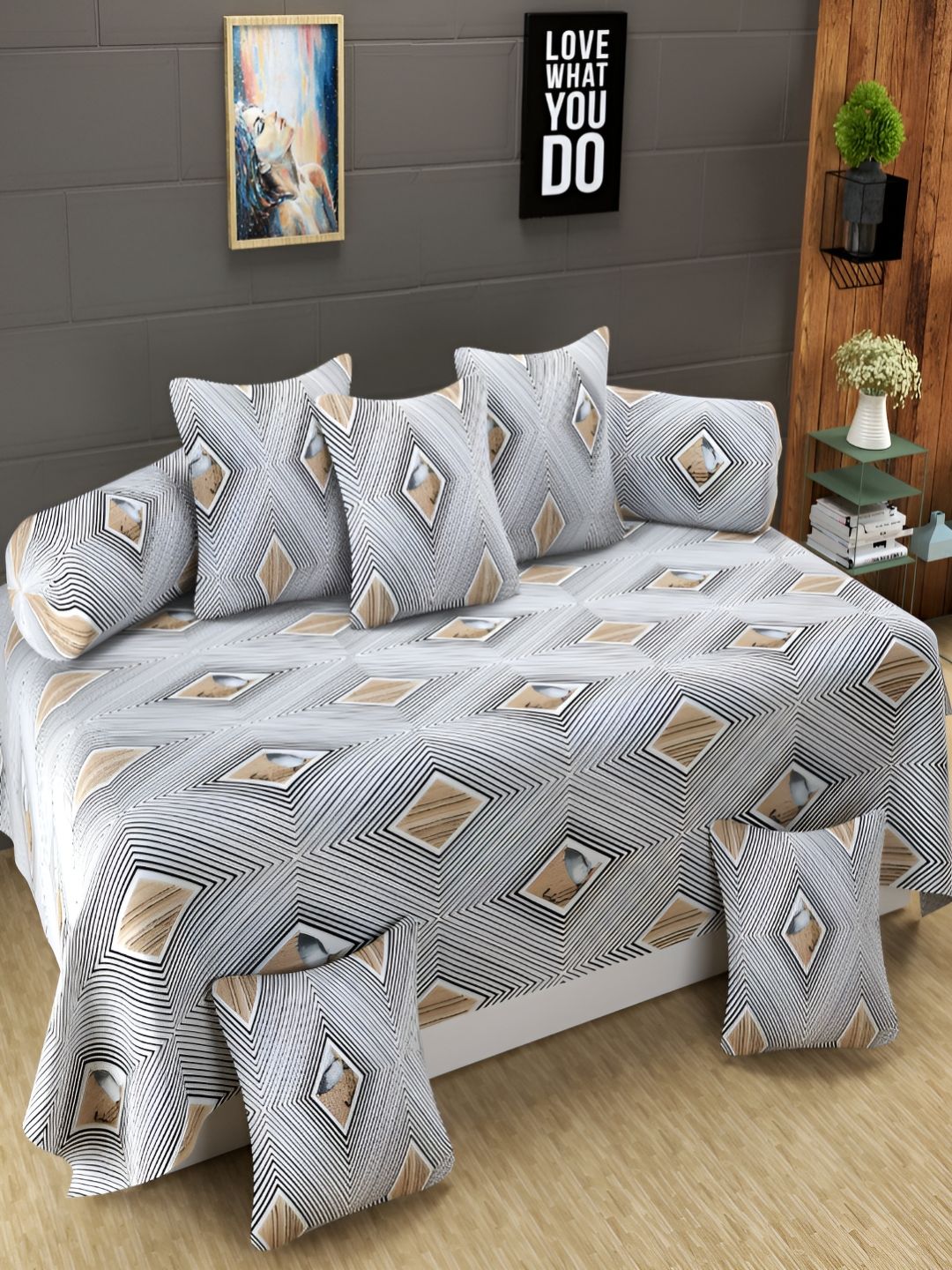 Aura White & Black 8 Pieces Geometric Printed 160 TC Diwan Set-picture-57