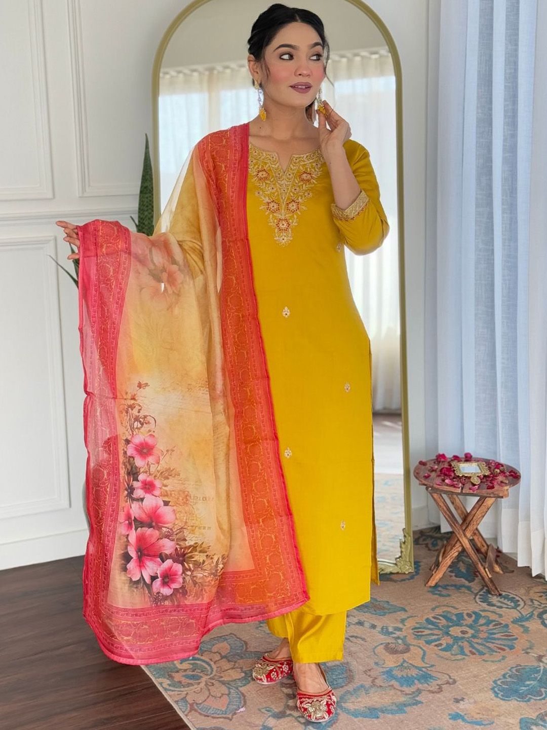 KALINI Floral Embroidered Sequinned Straight Kurta With Trouser And Dupatta