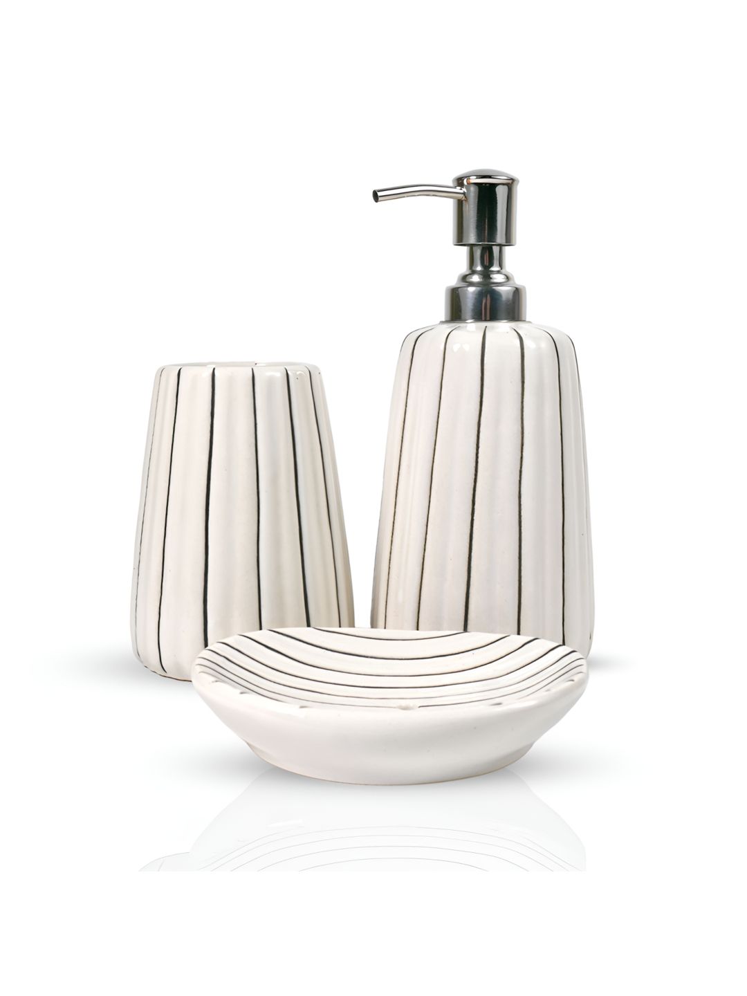 Amoorcart White 3 piece Geometric Ceramic Bath Accessories Set-image-30