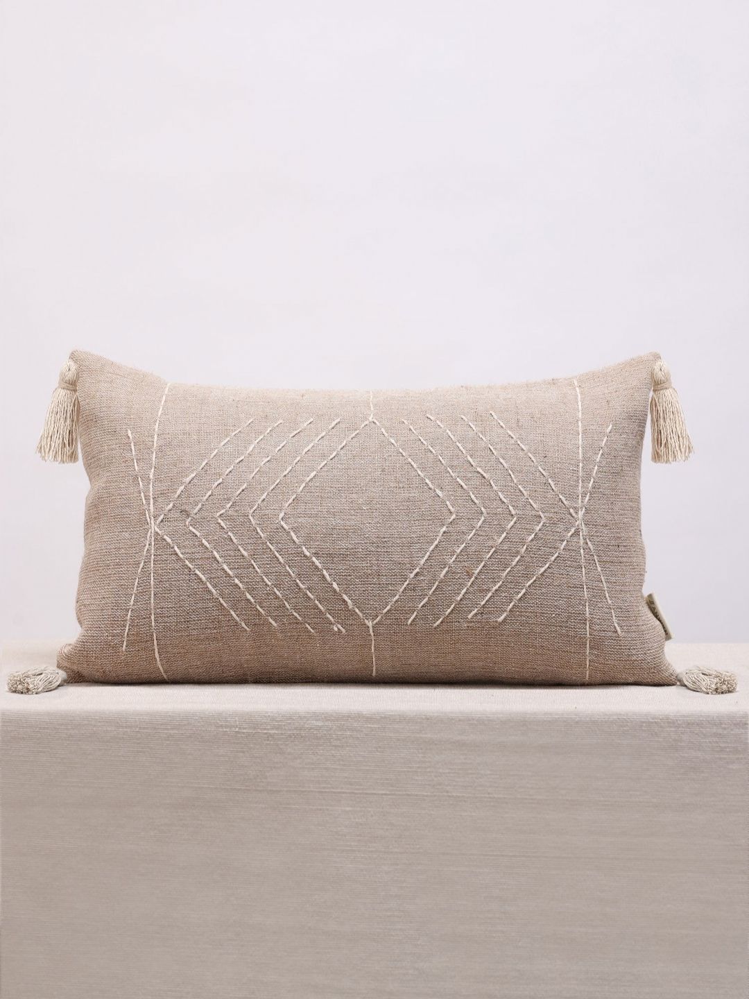 ANWYN Modern Indie Khaki & White Embroidered Cotton Rectangle Cushion Cover-image-45