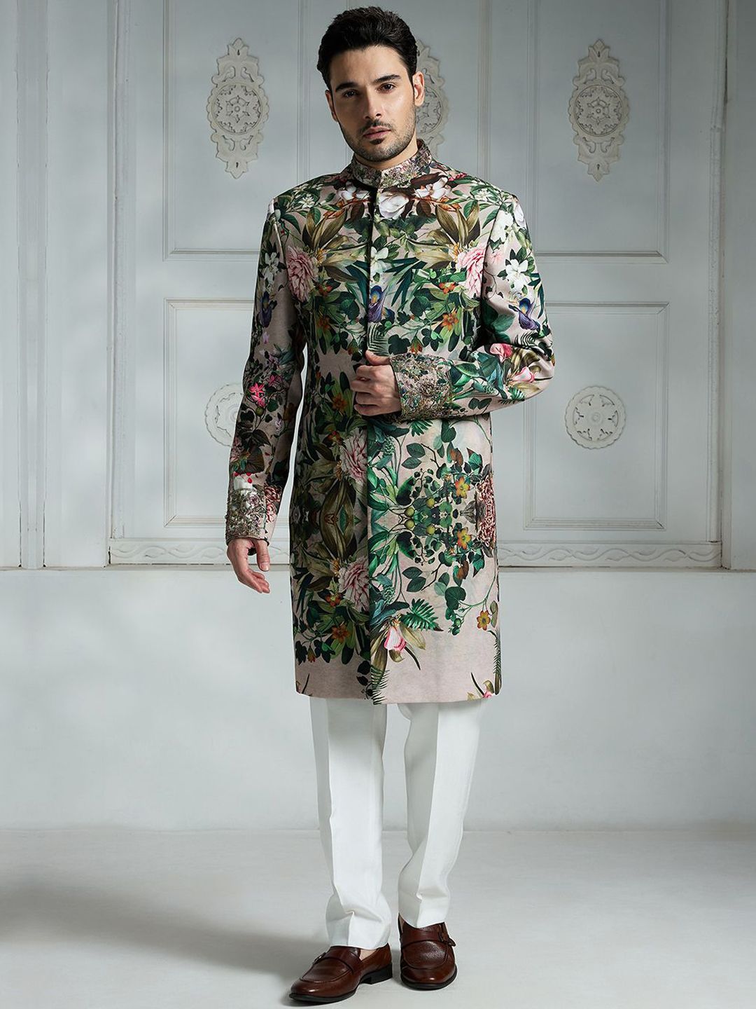 Rivaar By Rocky Star Floral Printed Sherwani Set-image-10