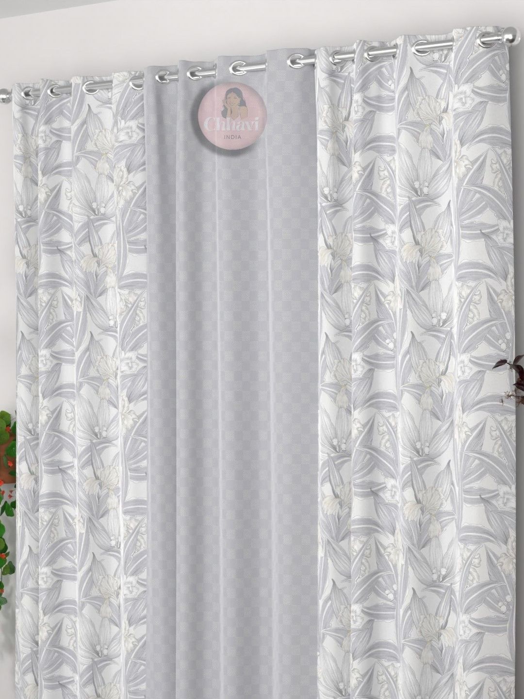 CHHAVI INDIA Grey & White 3 Pieces Floral Printed Light Blocking Door Curtain-image-45