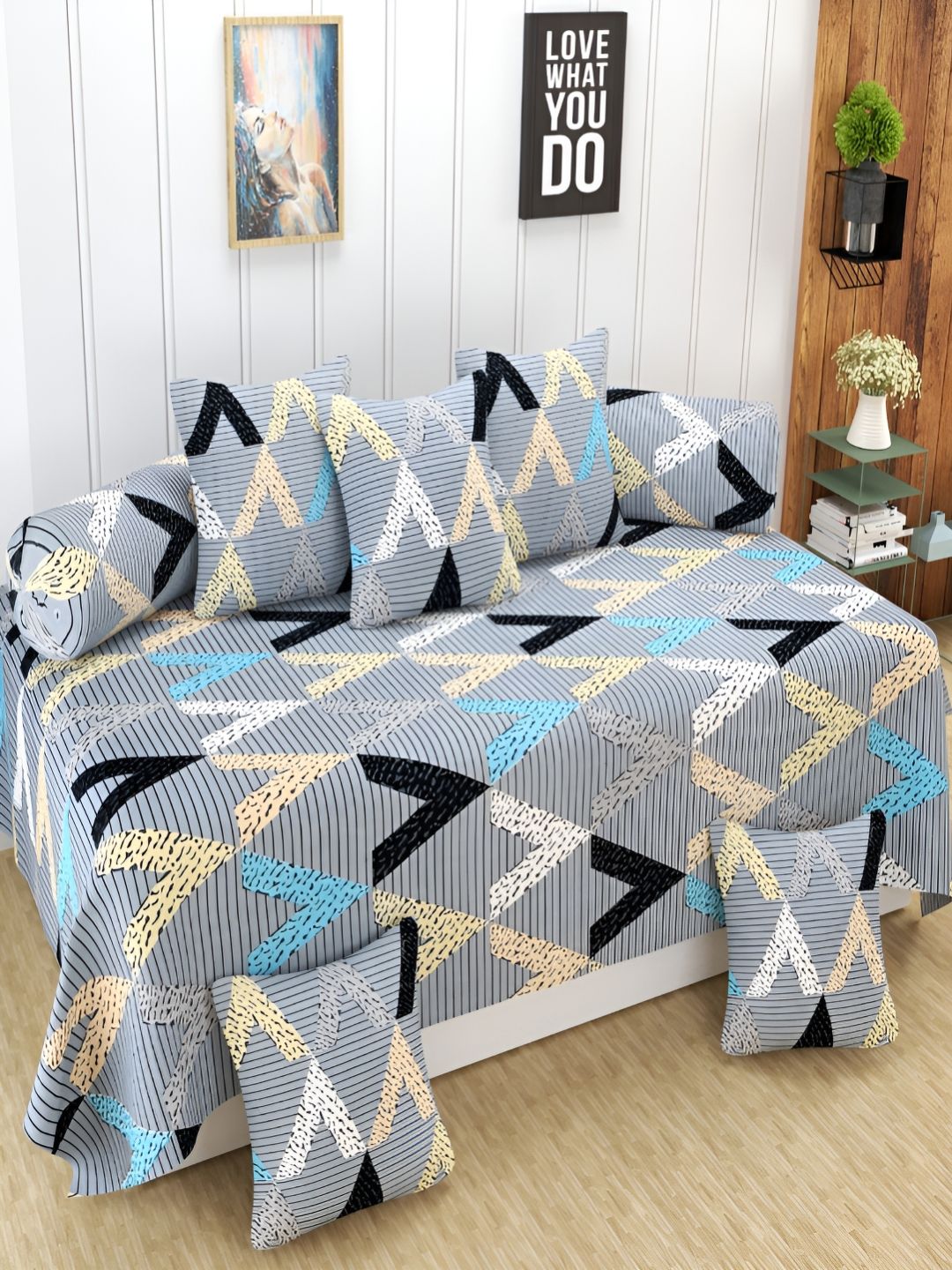 Aura Grey & Blue 8 Pieces Geometric Printed 160 TC Diwan Set-picture-49