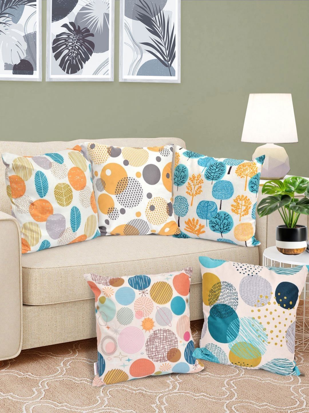 FABINALIV White & Blue 5 Pieces Geometric Printed Velvet Square Cushion Covers-image-41