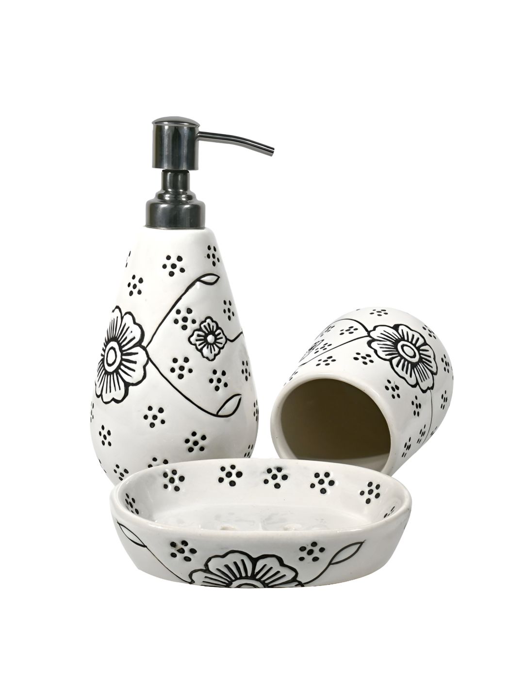 Amoorcart White 3 piece Floral Ceramic Bath Accessories Set-image-39