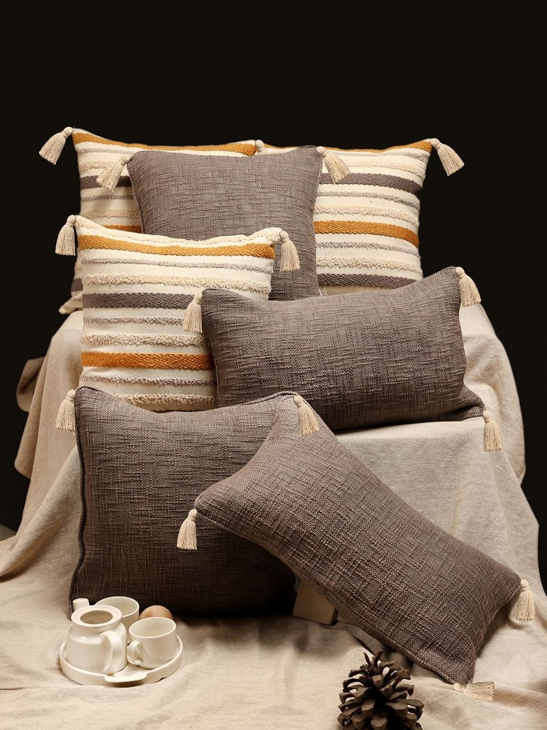 ANWYN Modern Indie Beige 7 Pieces Self Design Cotton Square Cushion Covers With Tassles-image-46