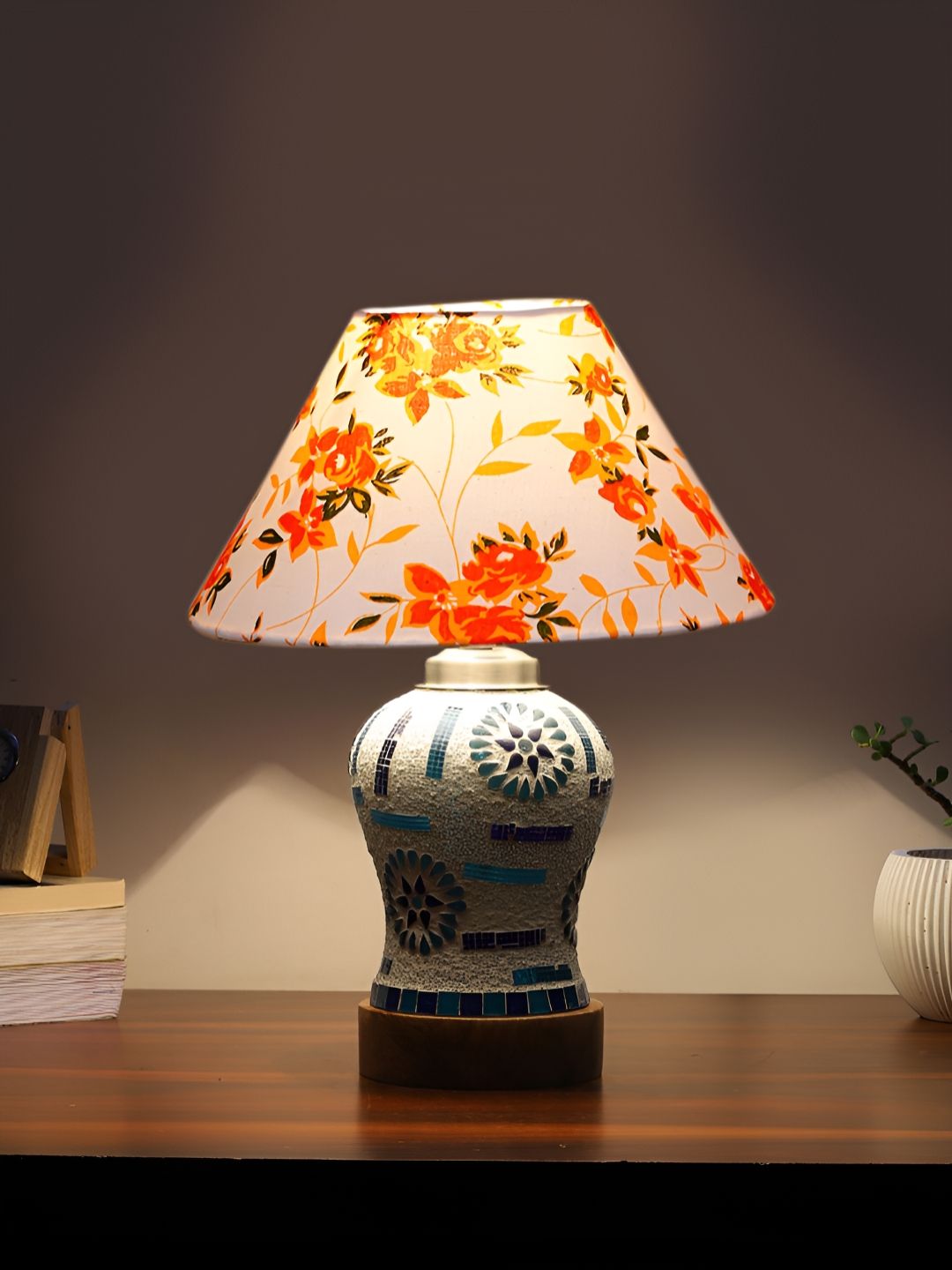 Aura Conical White & Orange Colored Floral Printed Glass Frustum Shaped Table Lamp-picture-11