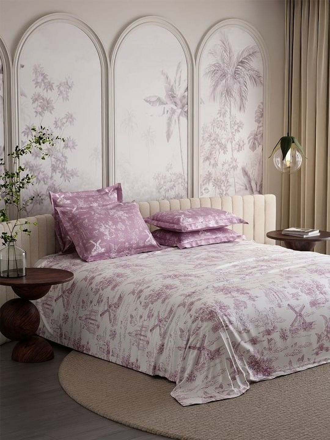 Stoa Paris French Bloom White Printed Pure Cotton 300 TC King Bedsheet Set-2.74 m x 2.74 m-picture-34