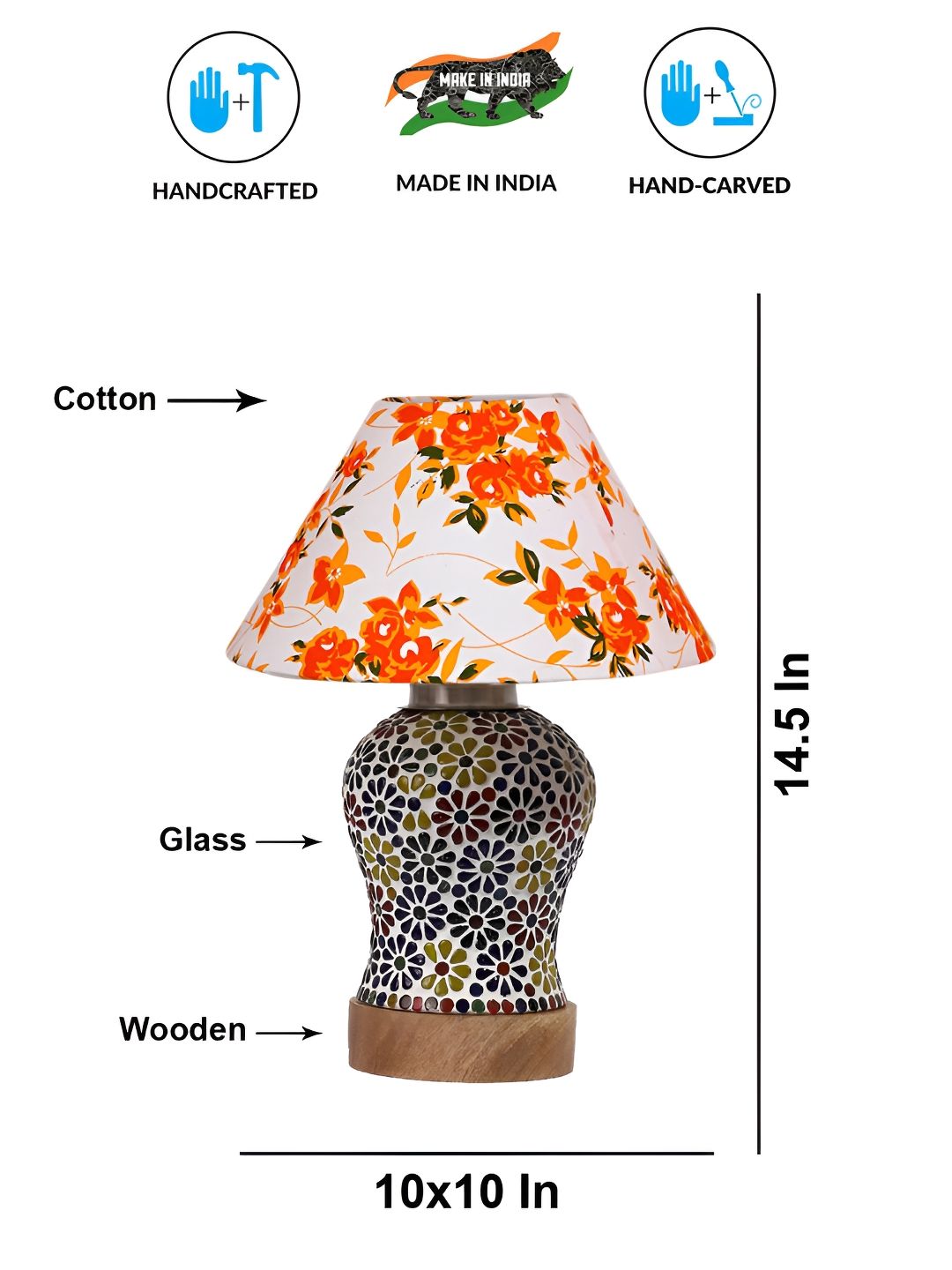 Aura White & Orange Floral Printed Frustum Shaped Wooden Table Lamp-picture-15