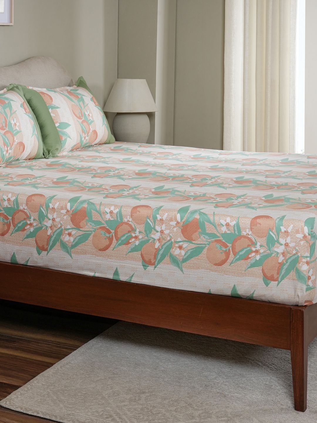MASPAR Peach Colored Printed Pure Cotton 200 TC Fitted Queen Bedsheet Set 2.75 x 2.24 m-picture-15