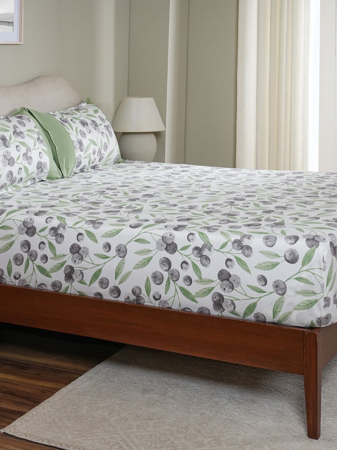 MASPAR Green Floral Printed Pure Cotton 200 TC Fitted Queen Bedsheet 2.75 x 2.24 m-picture-39
