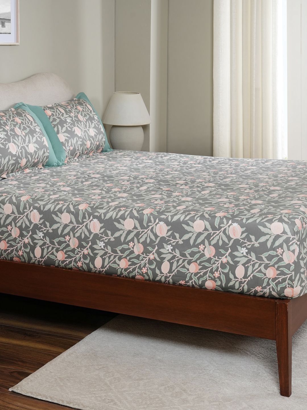 MASPAR Green Floral Printed Pure Cotton 200 TC Fitted King Bedsheet Set 2.75 x 2.75 m-picture-16