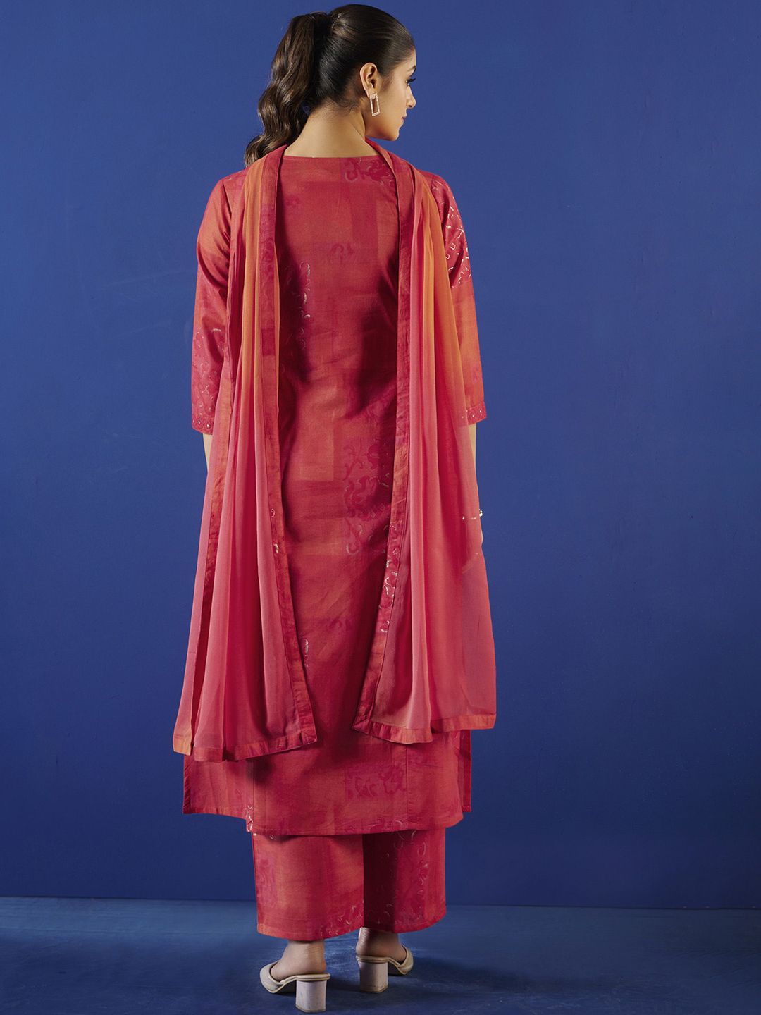 Floral printed orange round_neck Pure Cotton Kurta Set With Trouser & Dupatta main image 0