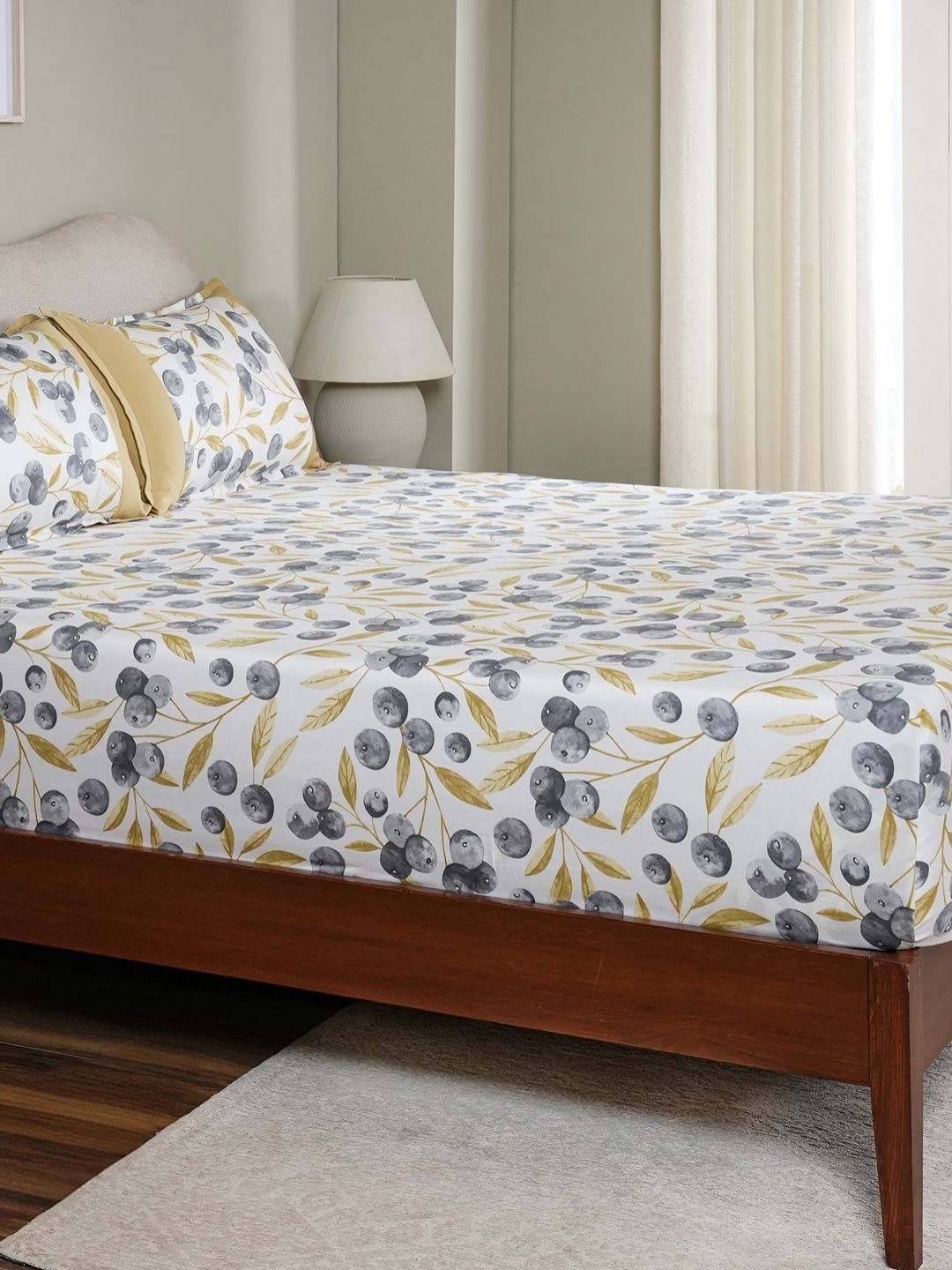 MASPAR Mustard Floral Printed Pure Cotton 200 TC Fitted King Bedsheet Set 2.75 x 2.75 m-picture-13