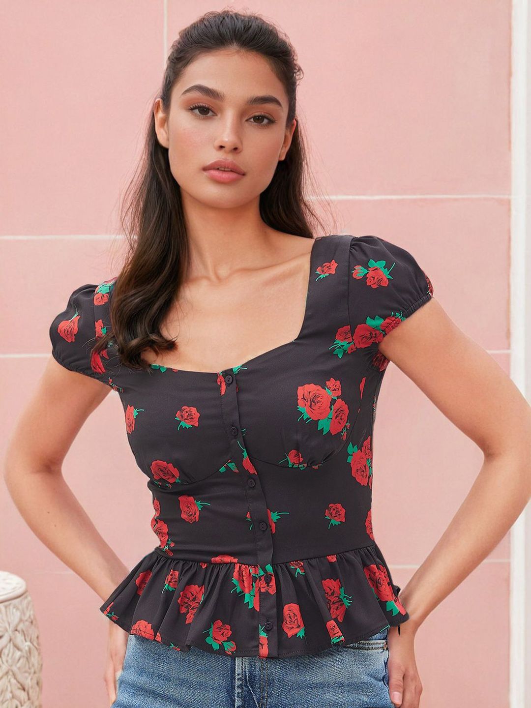 Stylecast X Slyck Floral Print Sweetheart Neck Puff Sleeve Peplum Crop Top-picture-29