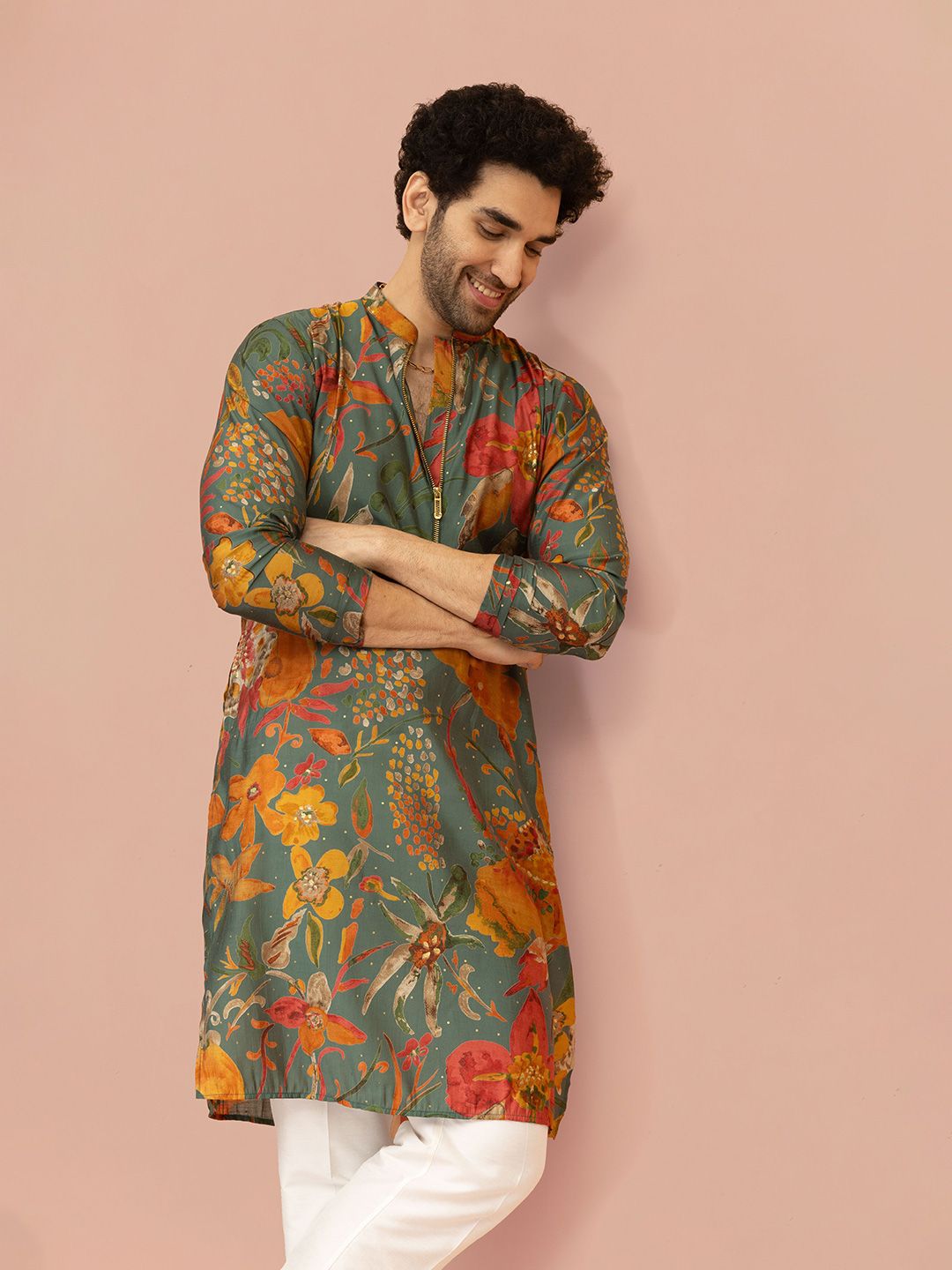 KISAH Men Floral Printed Sequins Cotton Straight Kurta-picture-41