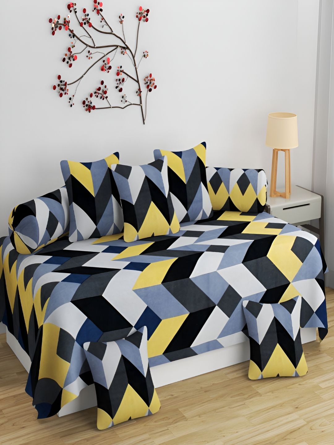 Aura Grey & Yellow 8 Pieces Printed 160 TC Diwan Set-picture-17