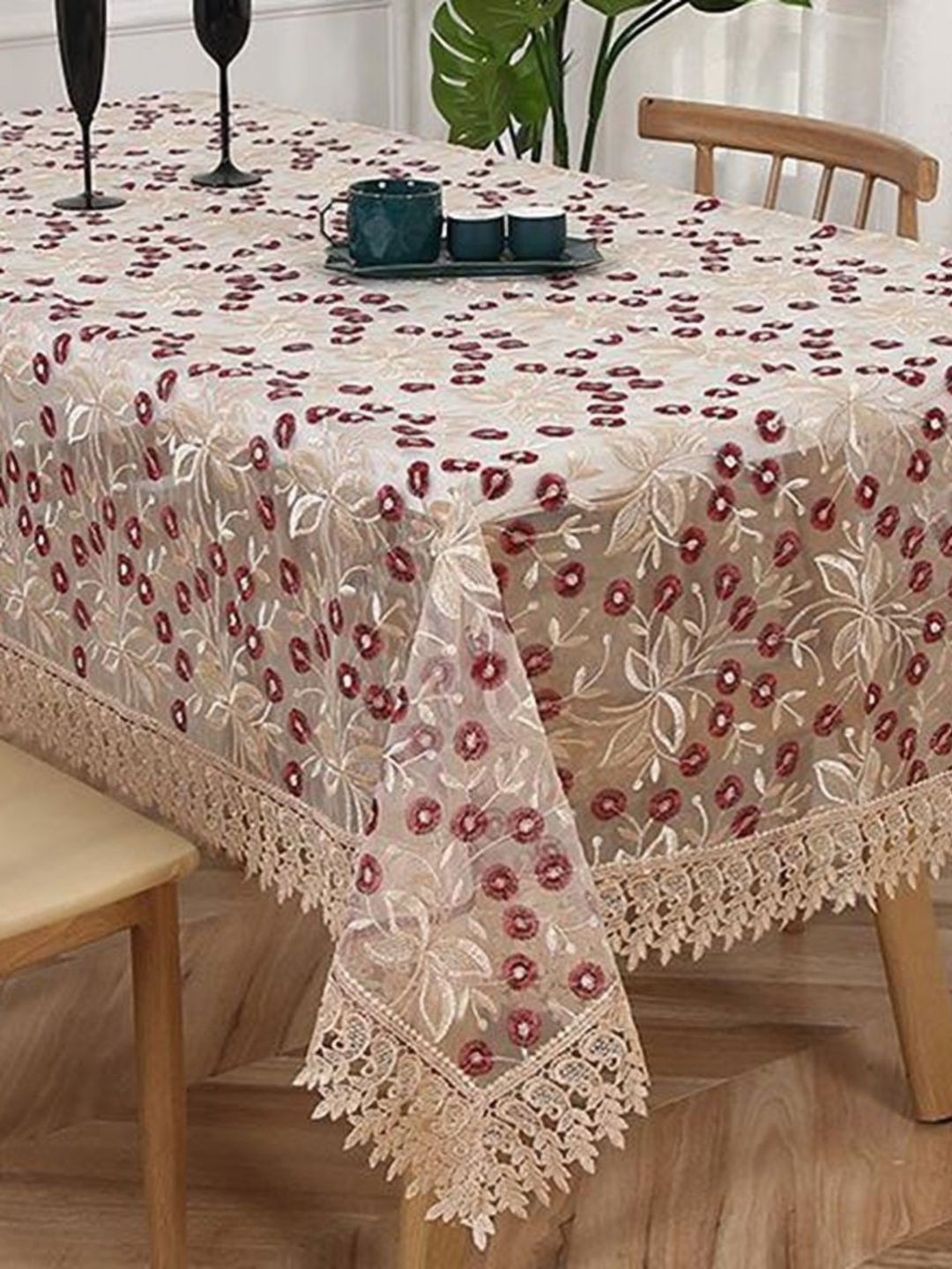 MONKDECOR Maroon Floral 2-Seater Table Cover With Embroidered details-picture-26