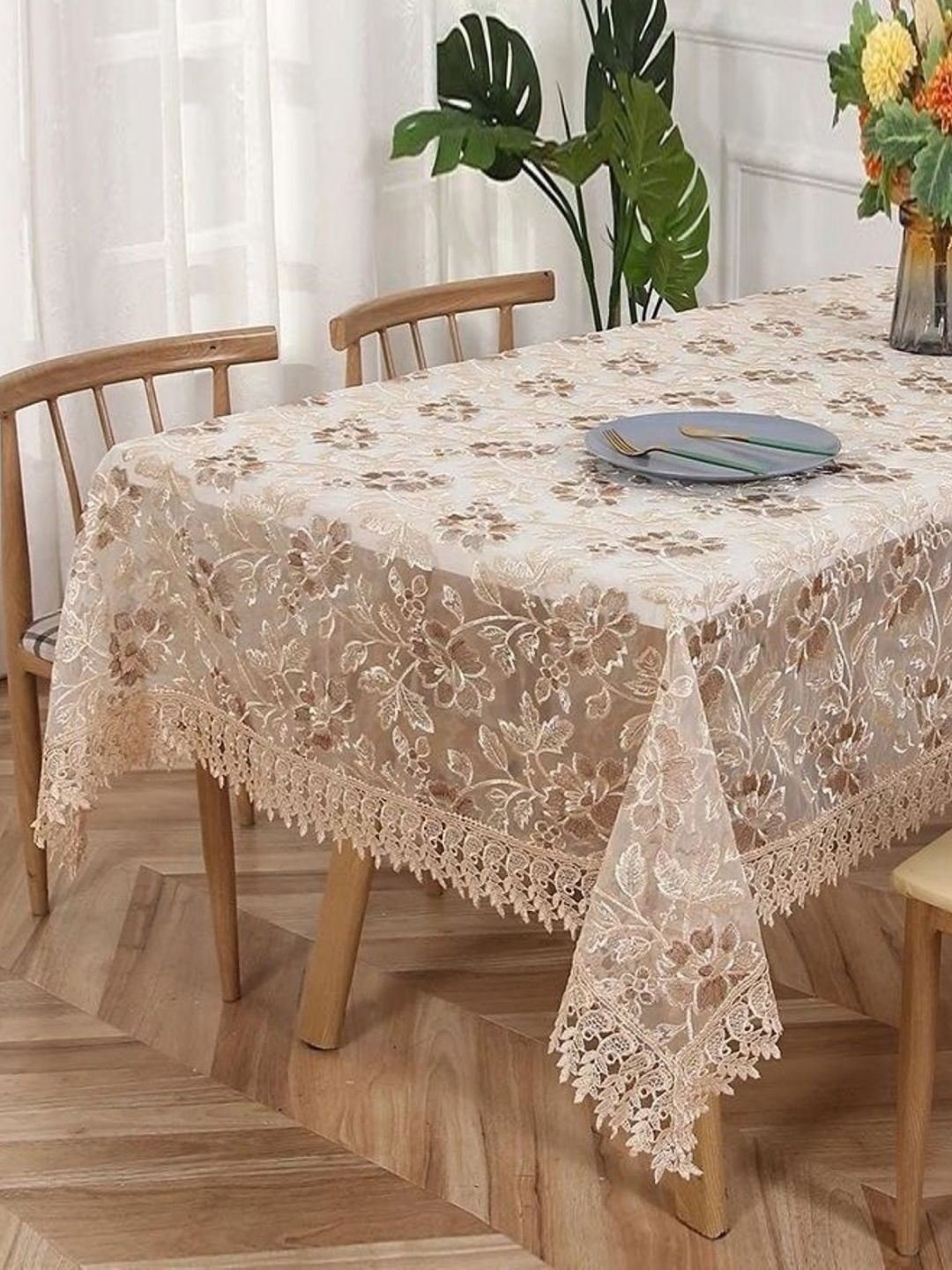 MONKDECOR Brown Floral 2-Seater Table Cover With Embroidered details-picture-34