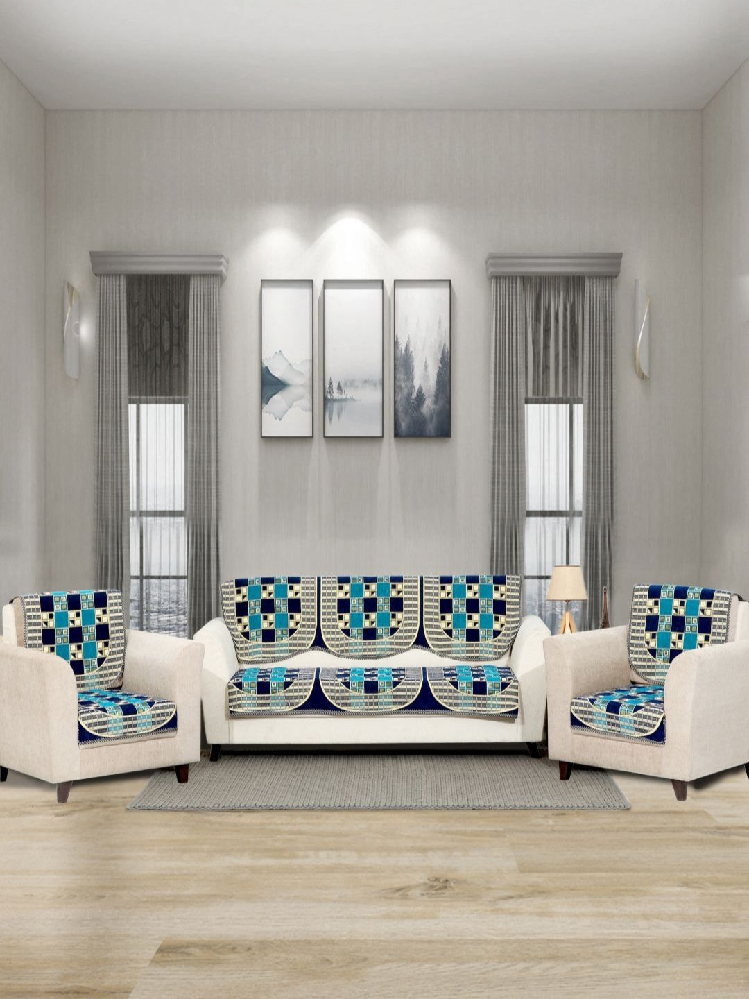 Aura Blue & Brown 6 Pieces Printed 5 Seater Sofa Covers-picture-21