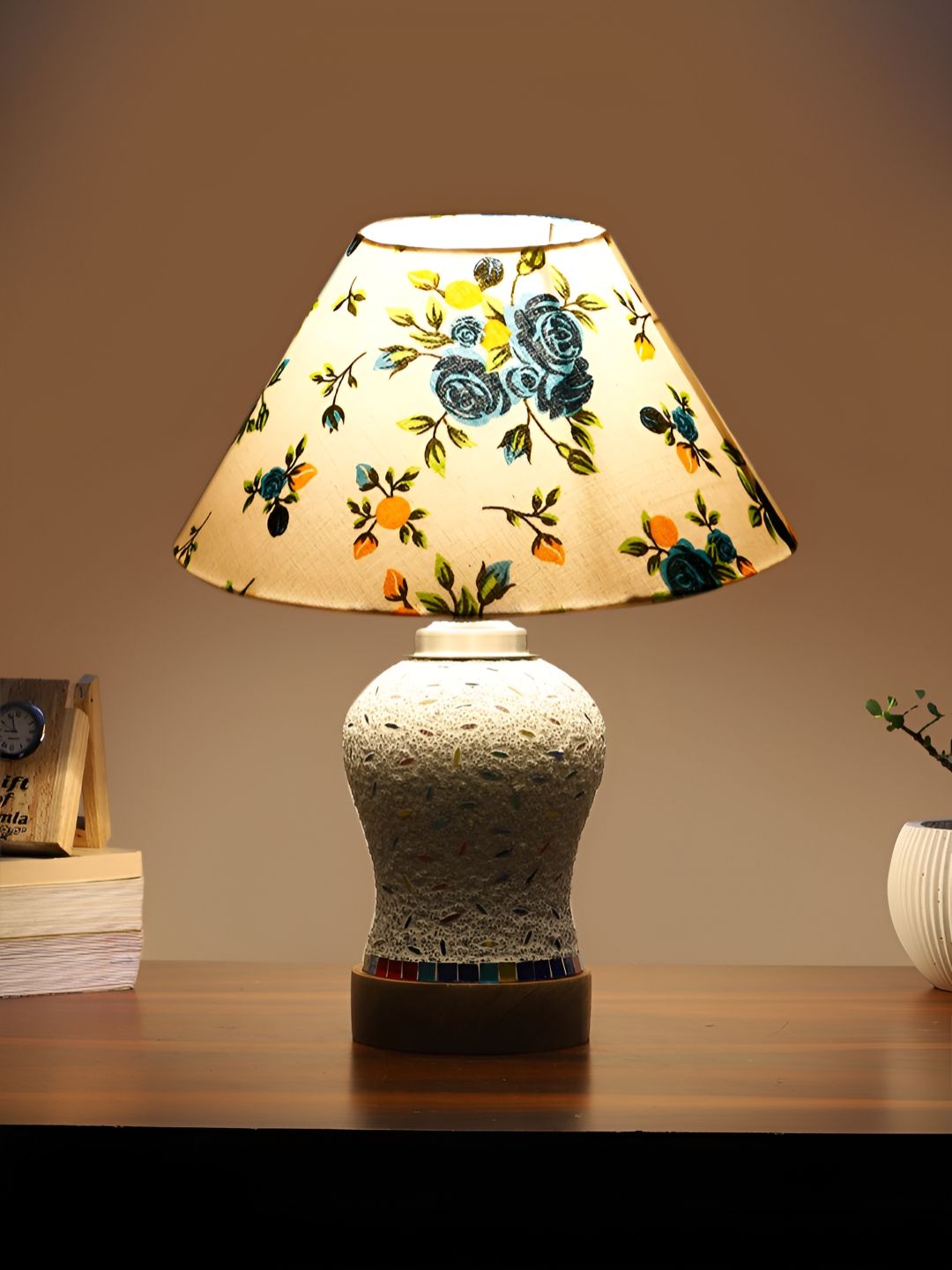 Aura Conical White & Blue Floral Printed Glass Frustum Shaped Table Lamp-image-5