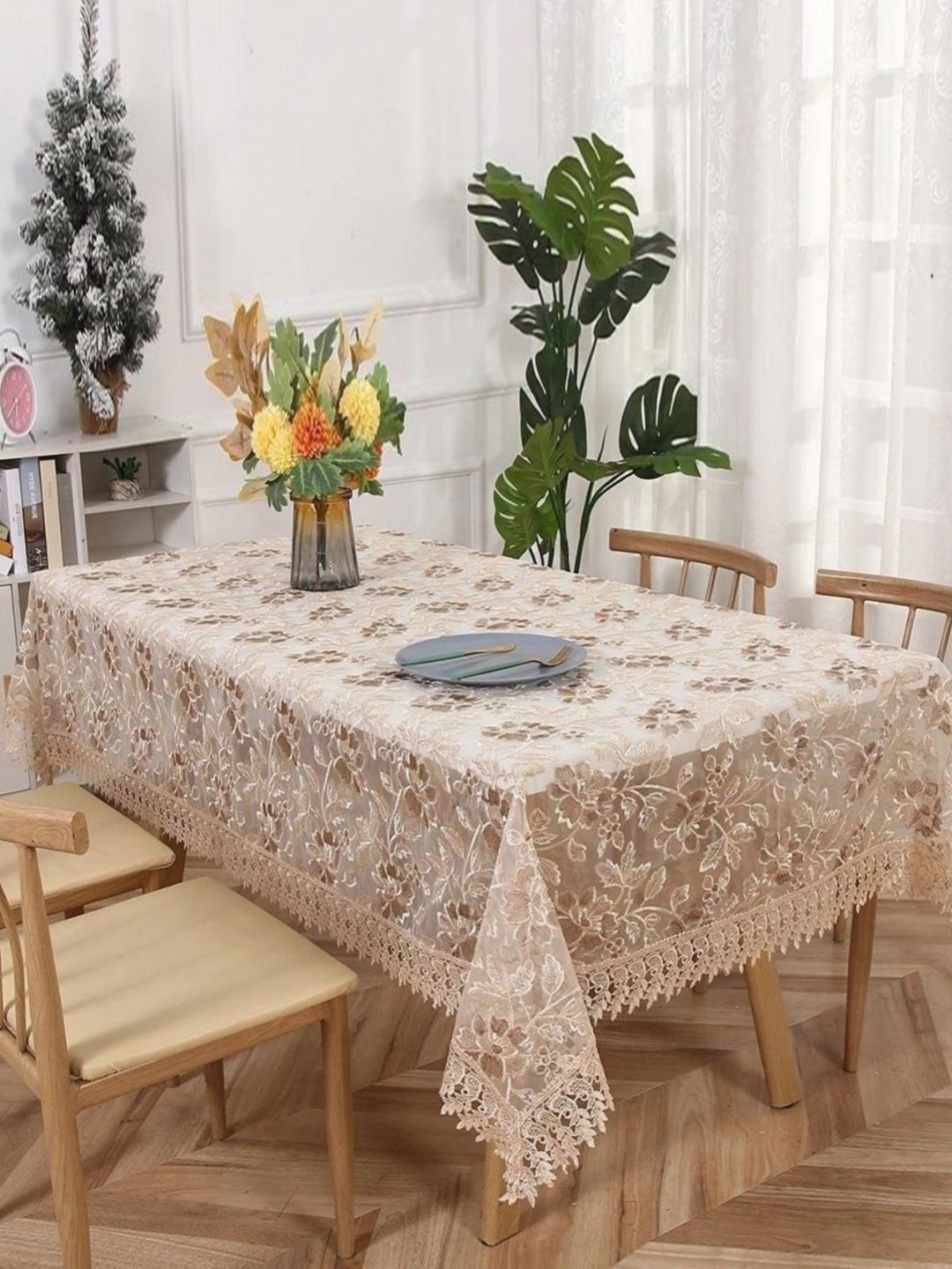 MONKDECOR Brown Floral 6-Seater Table Cover with Embroidered details-image-3