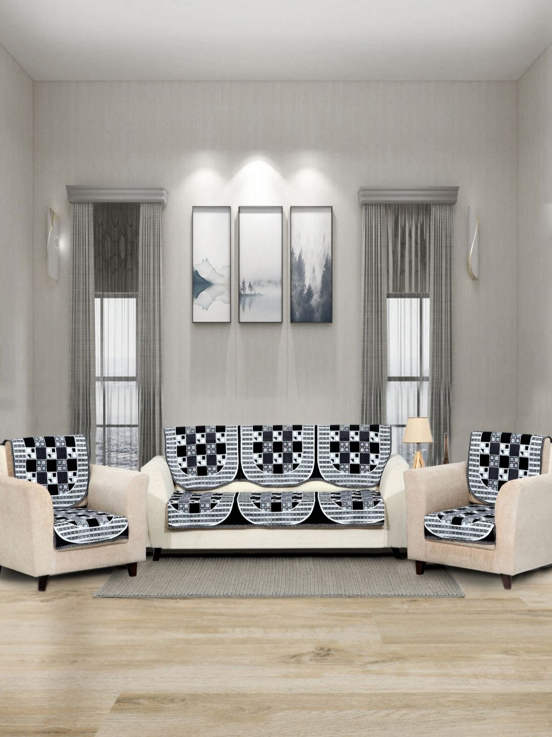 Aura Black & White 6 Pieces Floral Printed 5 Seater Sofa Covers-picture-24