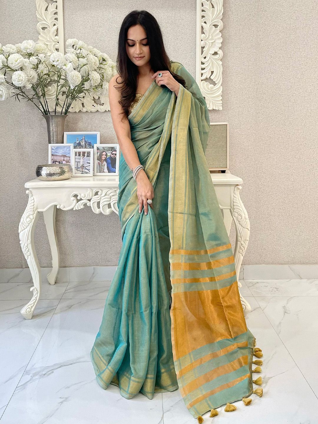 Anouk Striped Woven Design Zari Tissue Saree