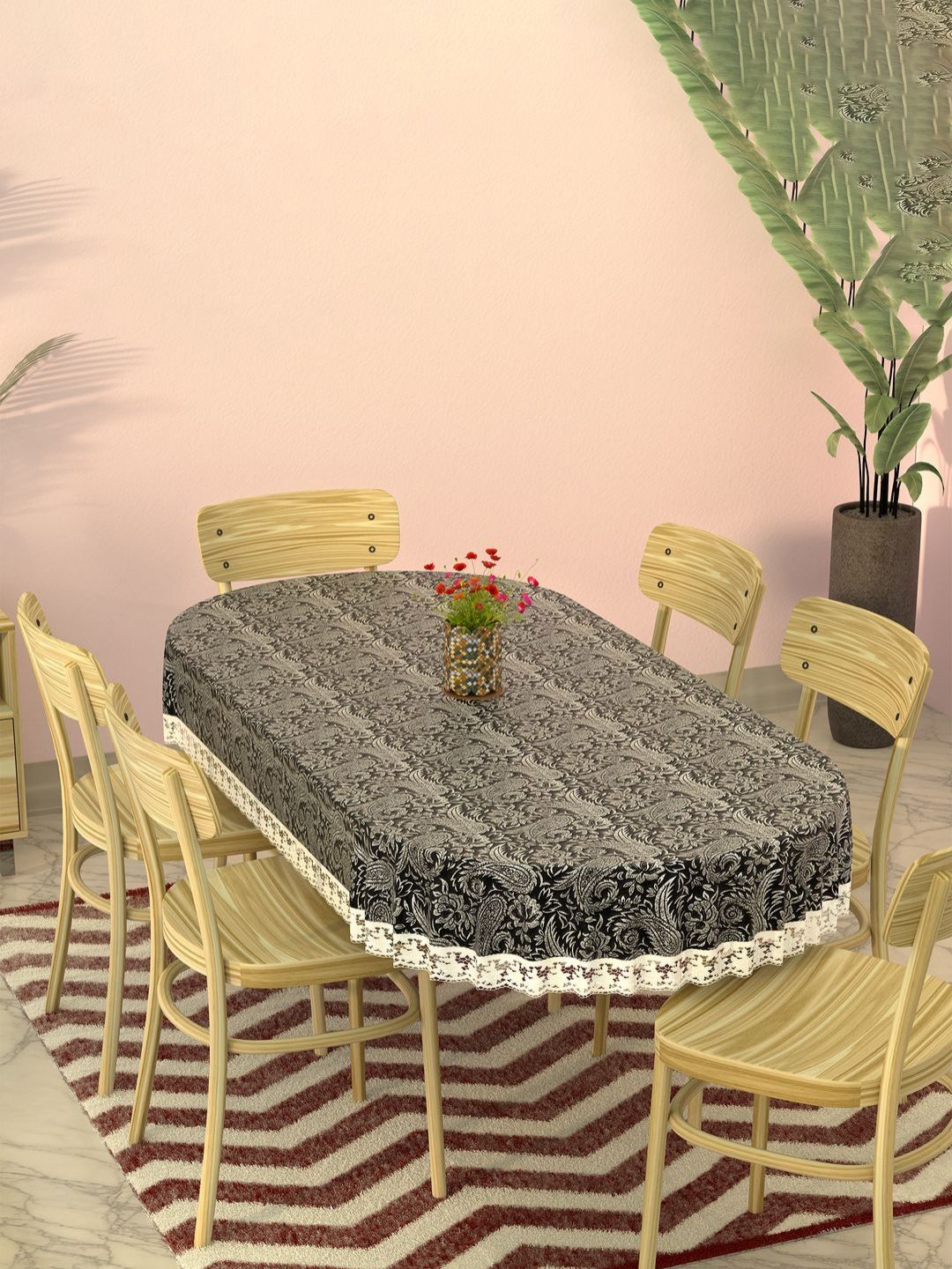 Myntra Elegant Homes Black & White Ethnic Motifs Printed Oval 6-Seater Dining Table Cover-picture-24