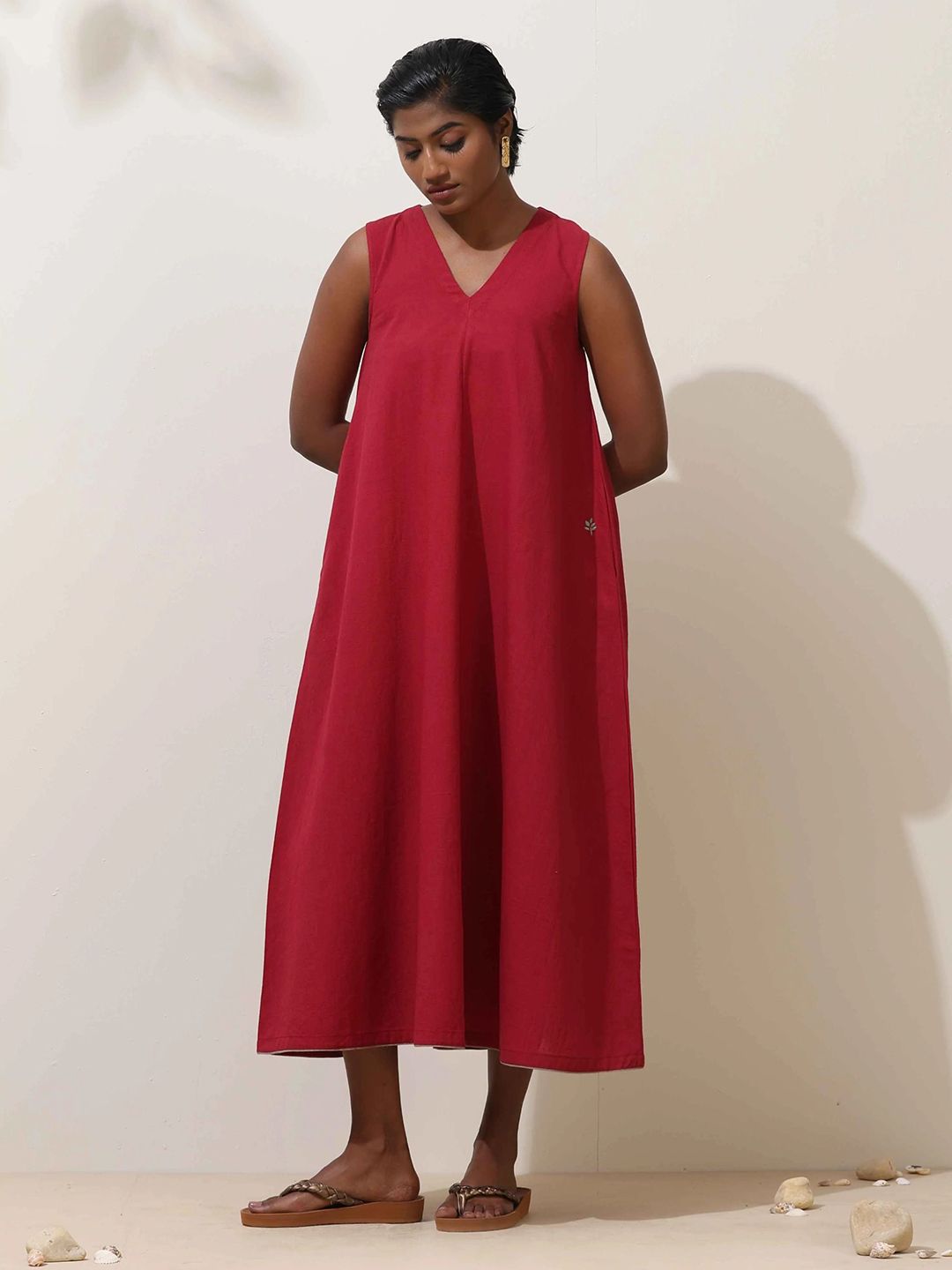 Cotton Two Leaves Dress Maroon