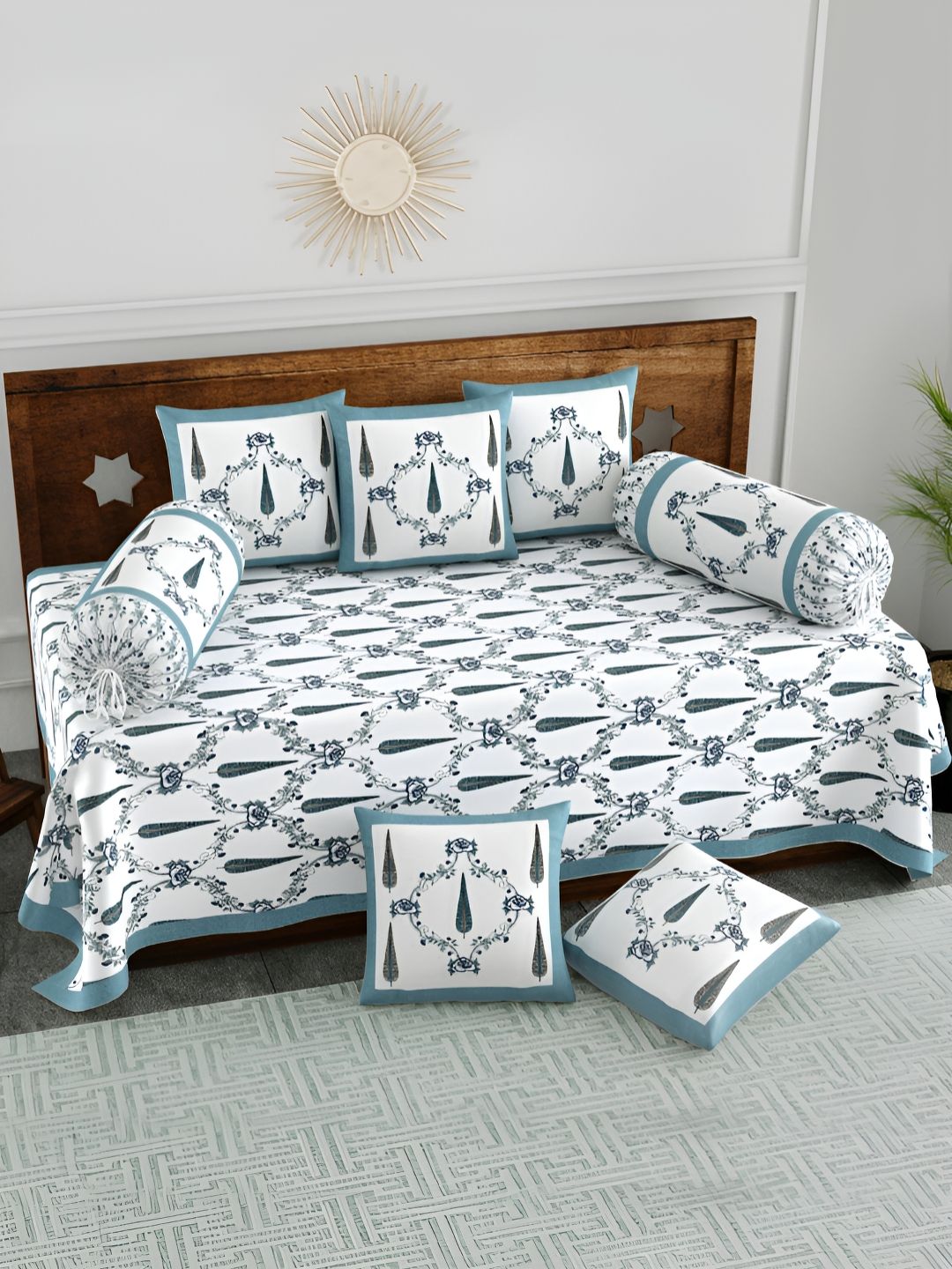 BLOCKS OF INDIA 8Pcs Grey & White Printed Pure Cotton Diwan Set-picture-21