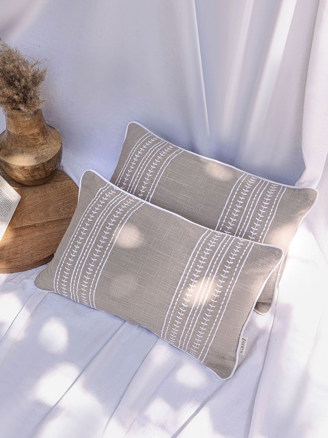 ANWYN Modern Indie Camel Brown 2 Pieces Embroidered Cotton Rectangle Cushion Covers-image-47