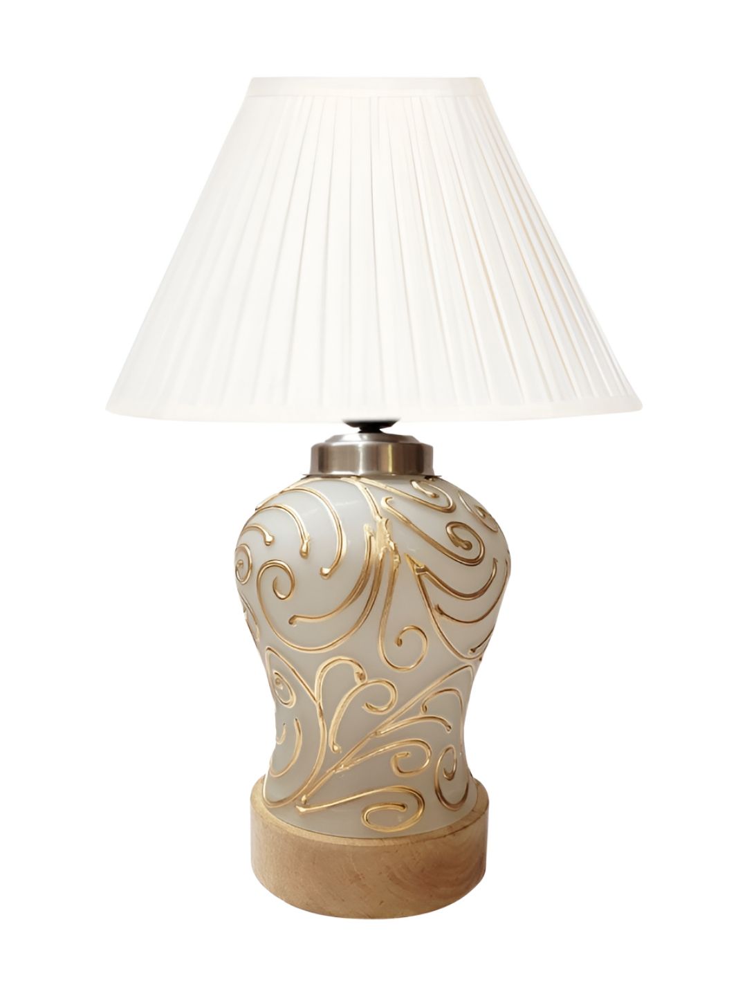 Aura Off White & Gold-Toned Frustum Shape Glass & Wooden Table Lamp-picture-29