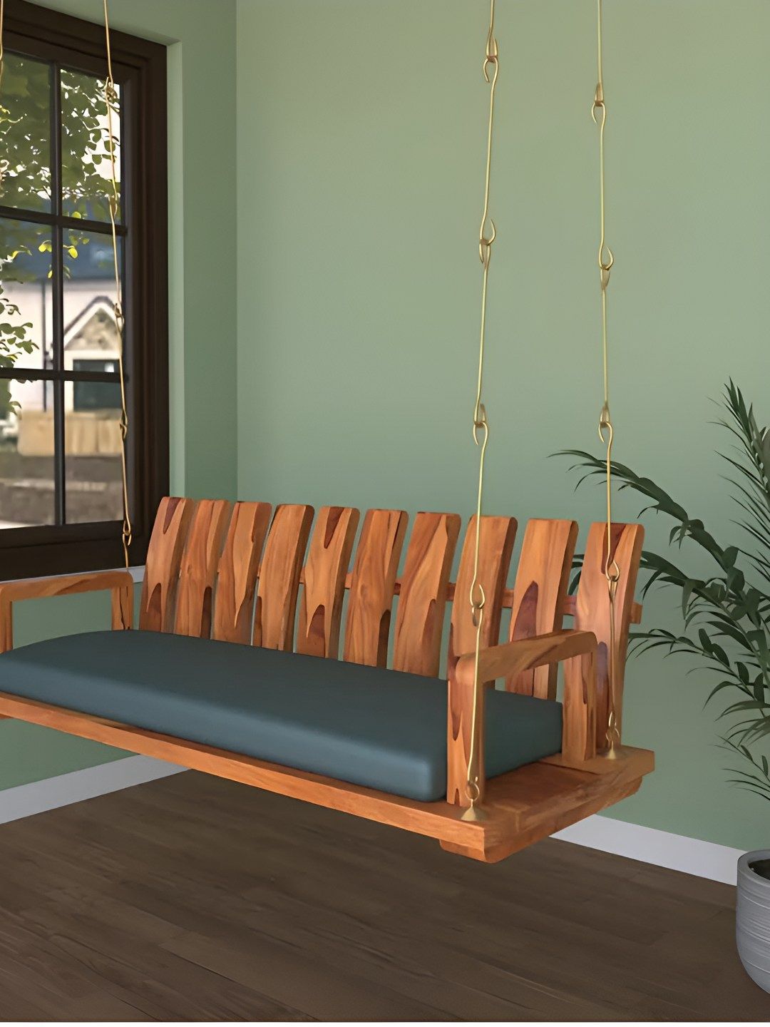 JAIRI TRADERS Brown & Green Wooden Swings With Back Support & Cushion