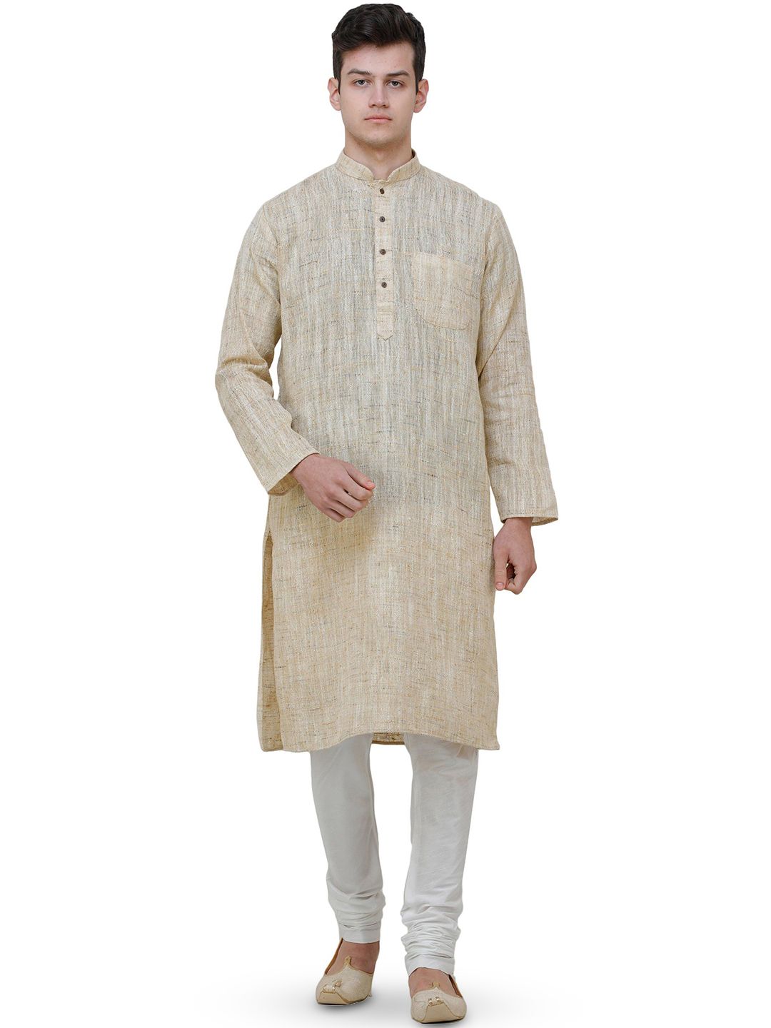 Exotic India Men Textured Solid Cotton Kurta with Churidar-picture-32