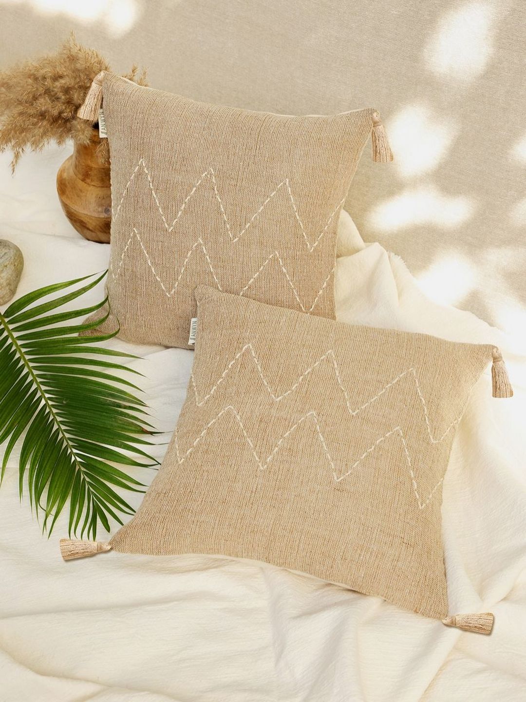 ANWYN Modern Indie Brown & White 2 Pieces Embroidered Cotton Square Cushion Covers-picture-22