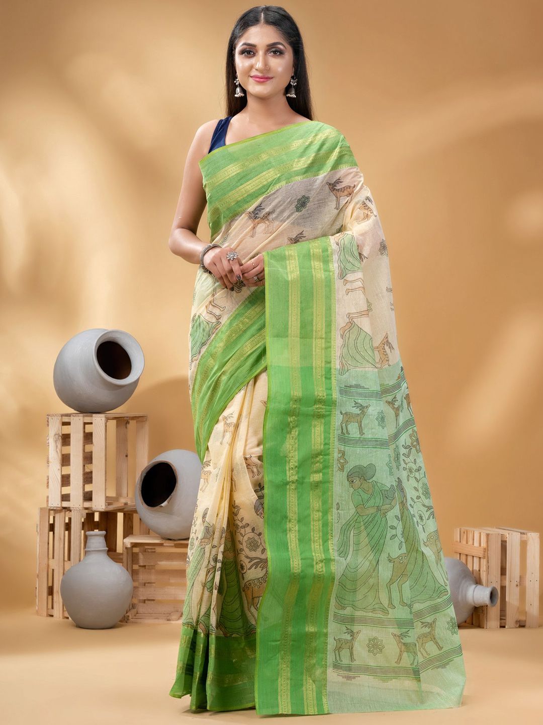 DESH BIDESH Ethnic Motifs Woven Design Pure Cotton Taant Saree-picture-29