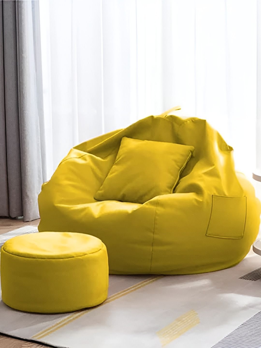 AARIJ MART Yellow 3 Pieces Colourblocked Leather Bean Bag With Footrest & Cushion
