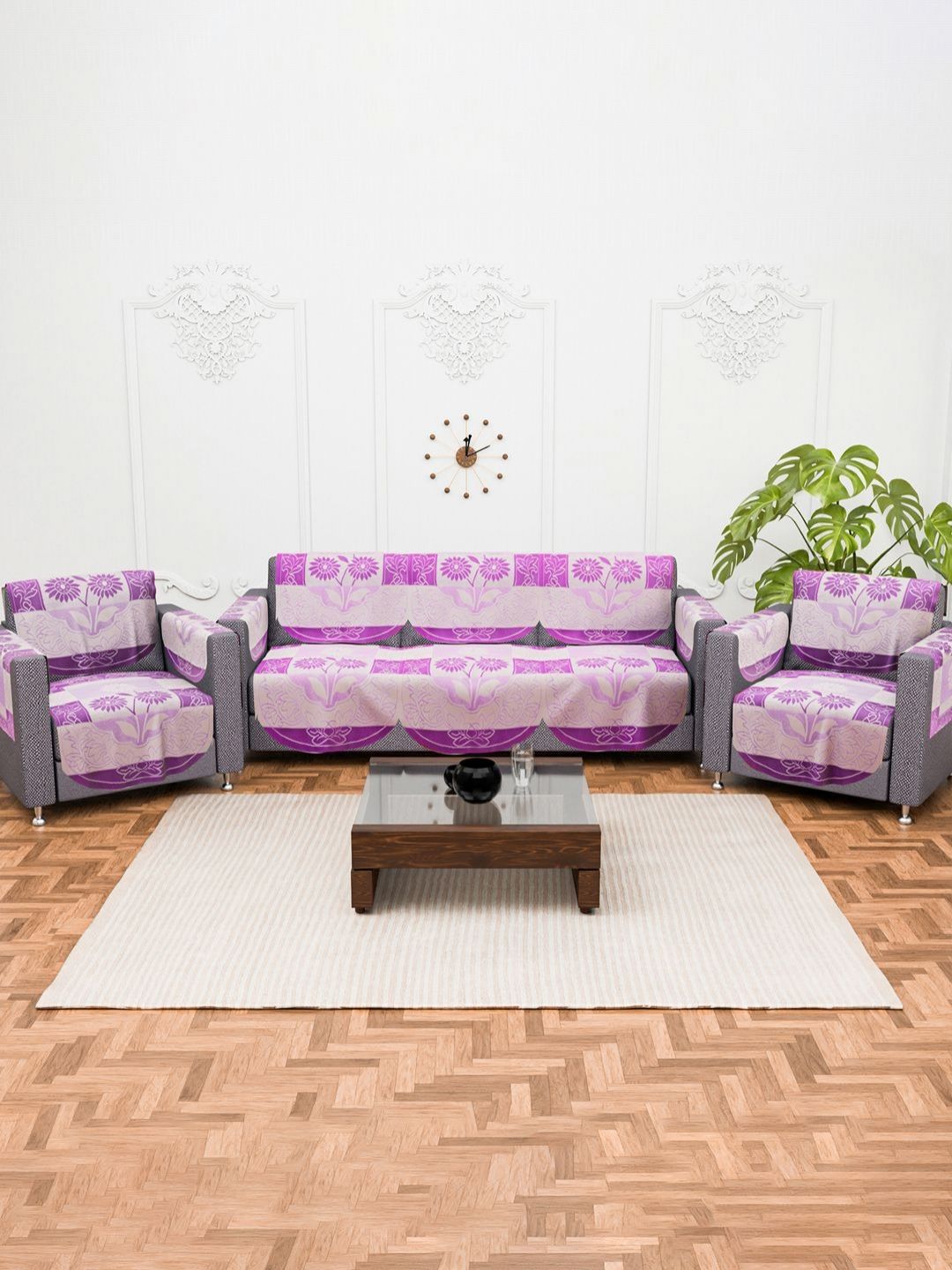 Myntra Elegant Homes Purple & White Printed Cotton Sofa Cover With Arms-picture-31