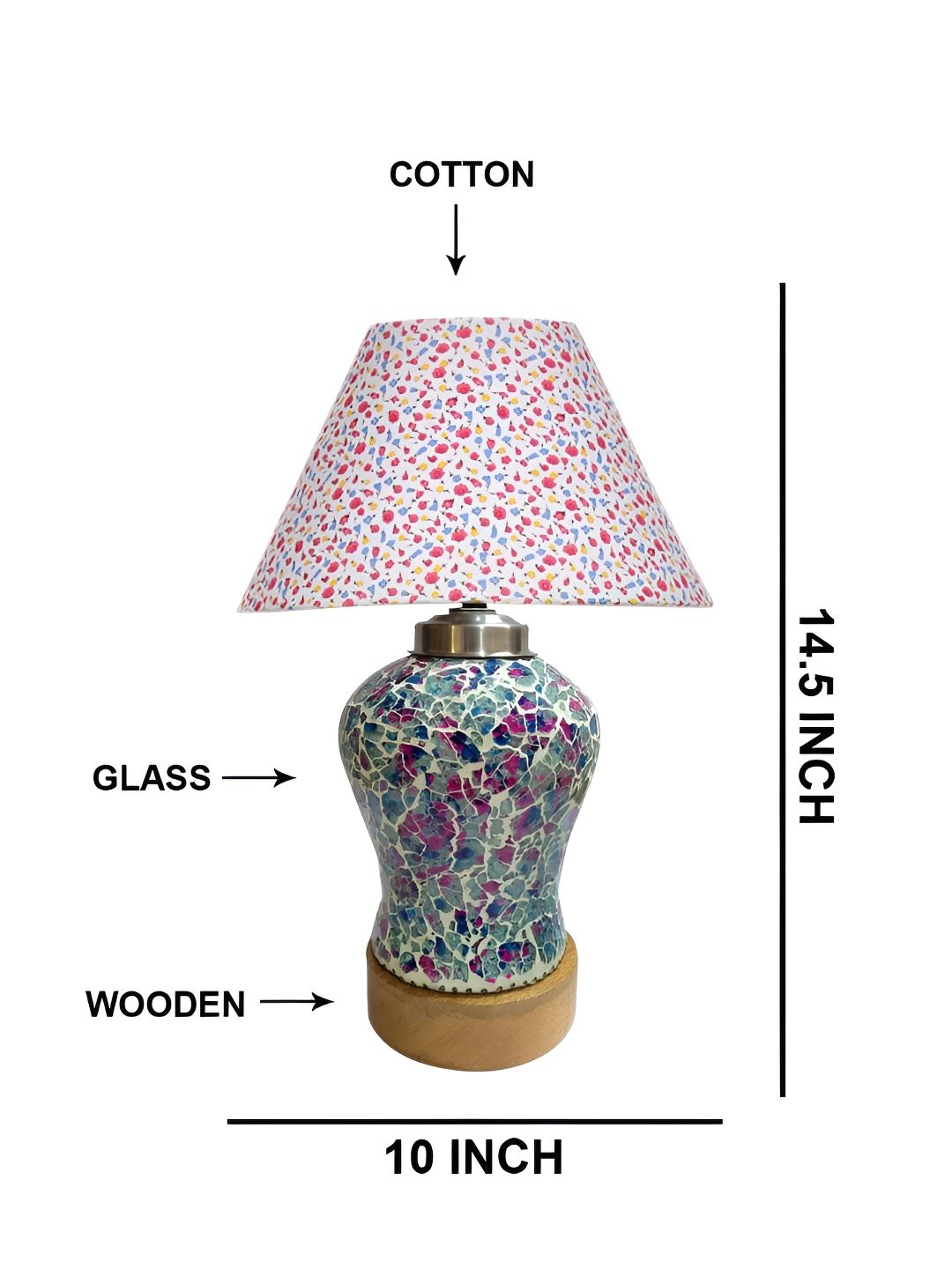 Aura White & Pink Floral Printed Frustum Shape Glass & Wooden Table Lamp-picture-32