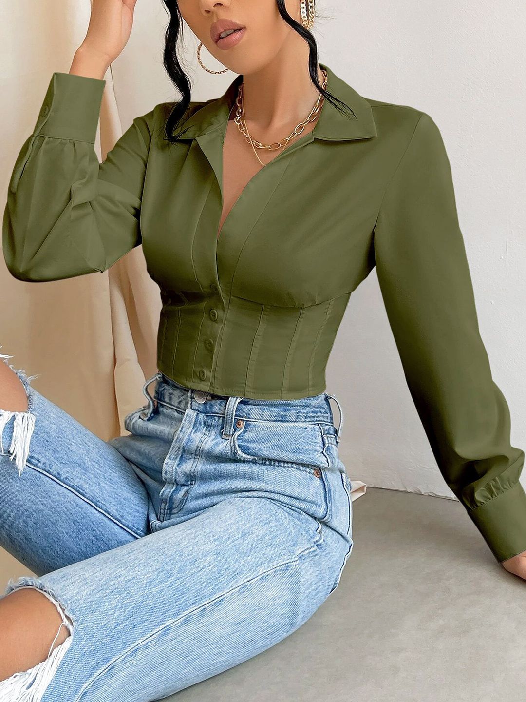 Stylecast X Slyck Women Shirt Collar Cuffed Sleeves Cotton Styled Back Crop Top-image-33