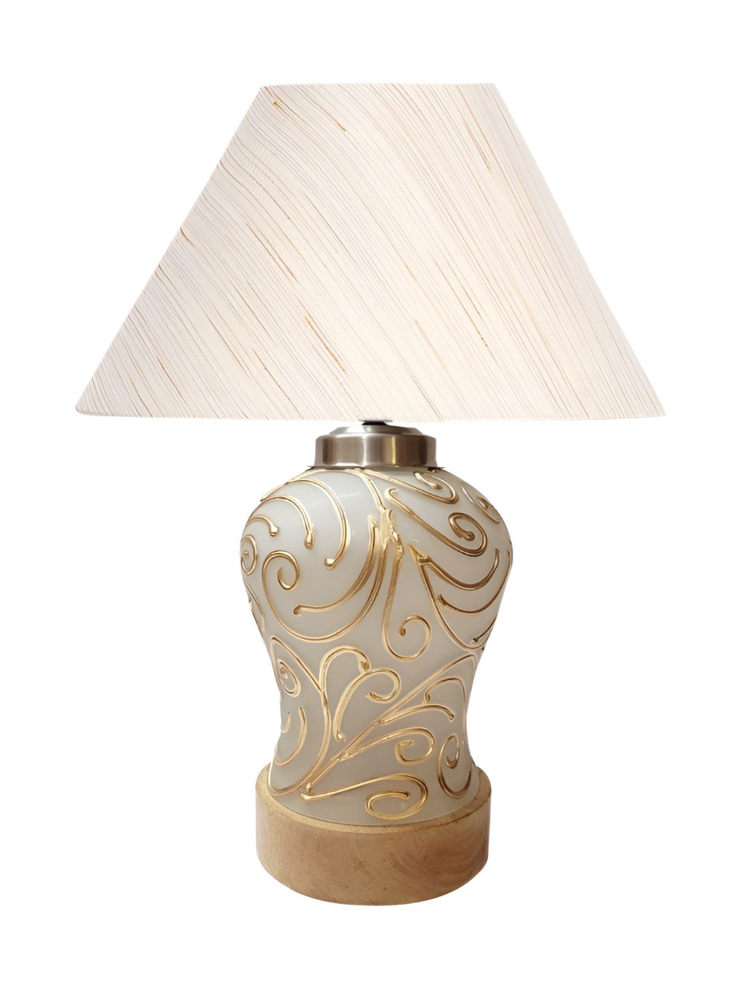 Aura Off White & Gold-Toned Frustum Shape Glass & Wooden Table Lamp-picture-27