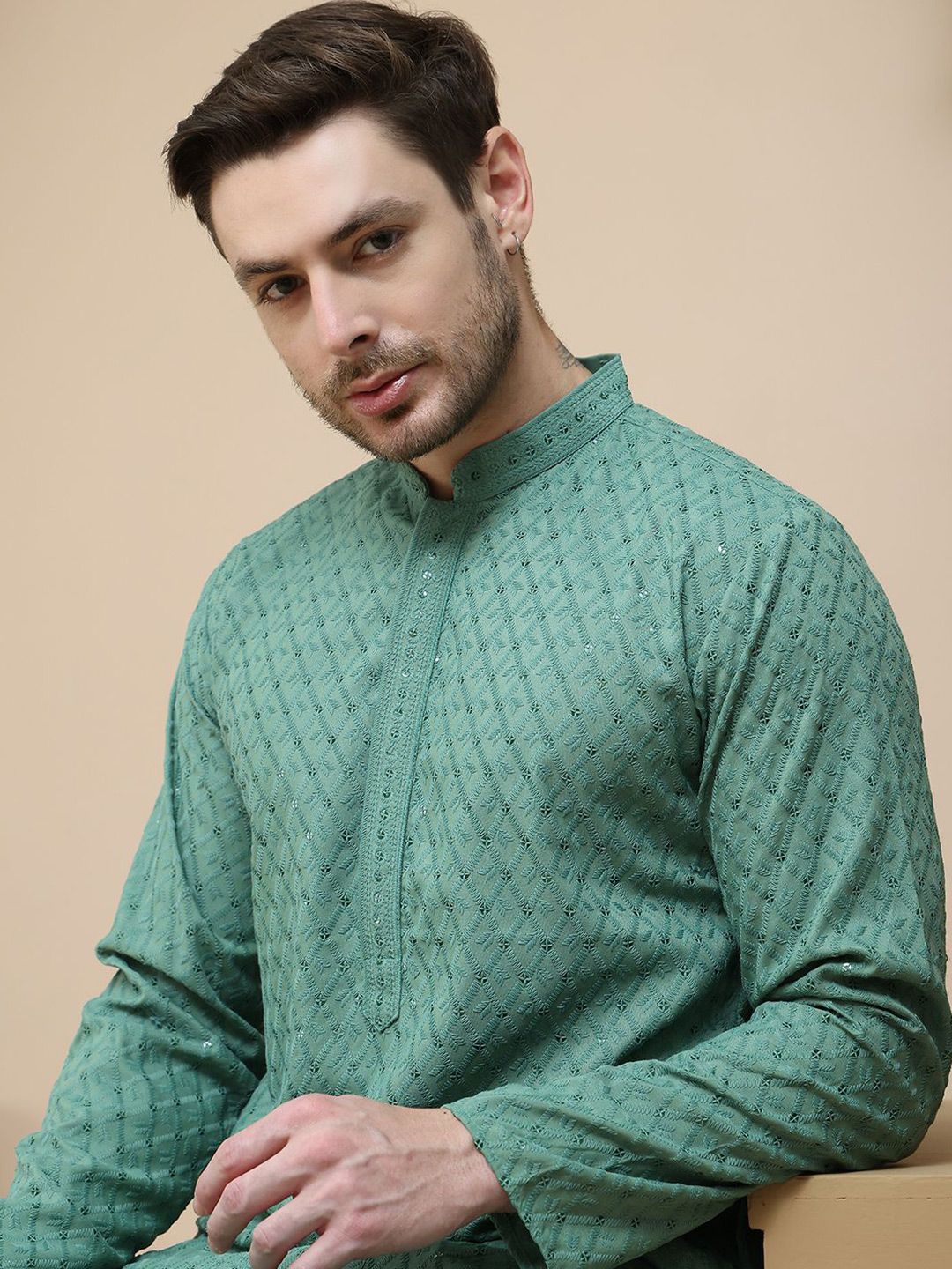 Anouk Men Embroidered Woven Design Mandarin Collar Knee Length Kurta-picture-29