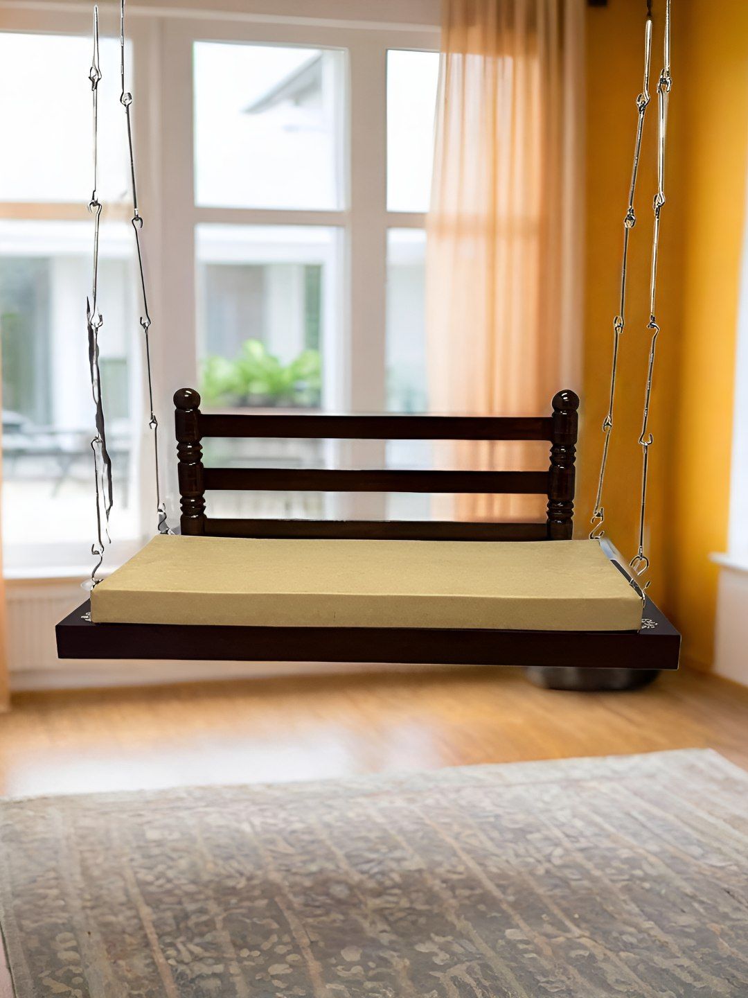 JAIRI TRADERS Brown & Beige Wooden Swings With Back Support & Cushion