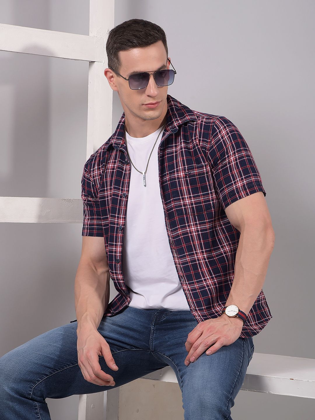 Crimsoune Club Checked Spread Collar Classic Slim Fit Pure Cotton Casual Shirt-picture-35