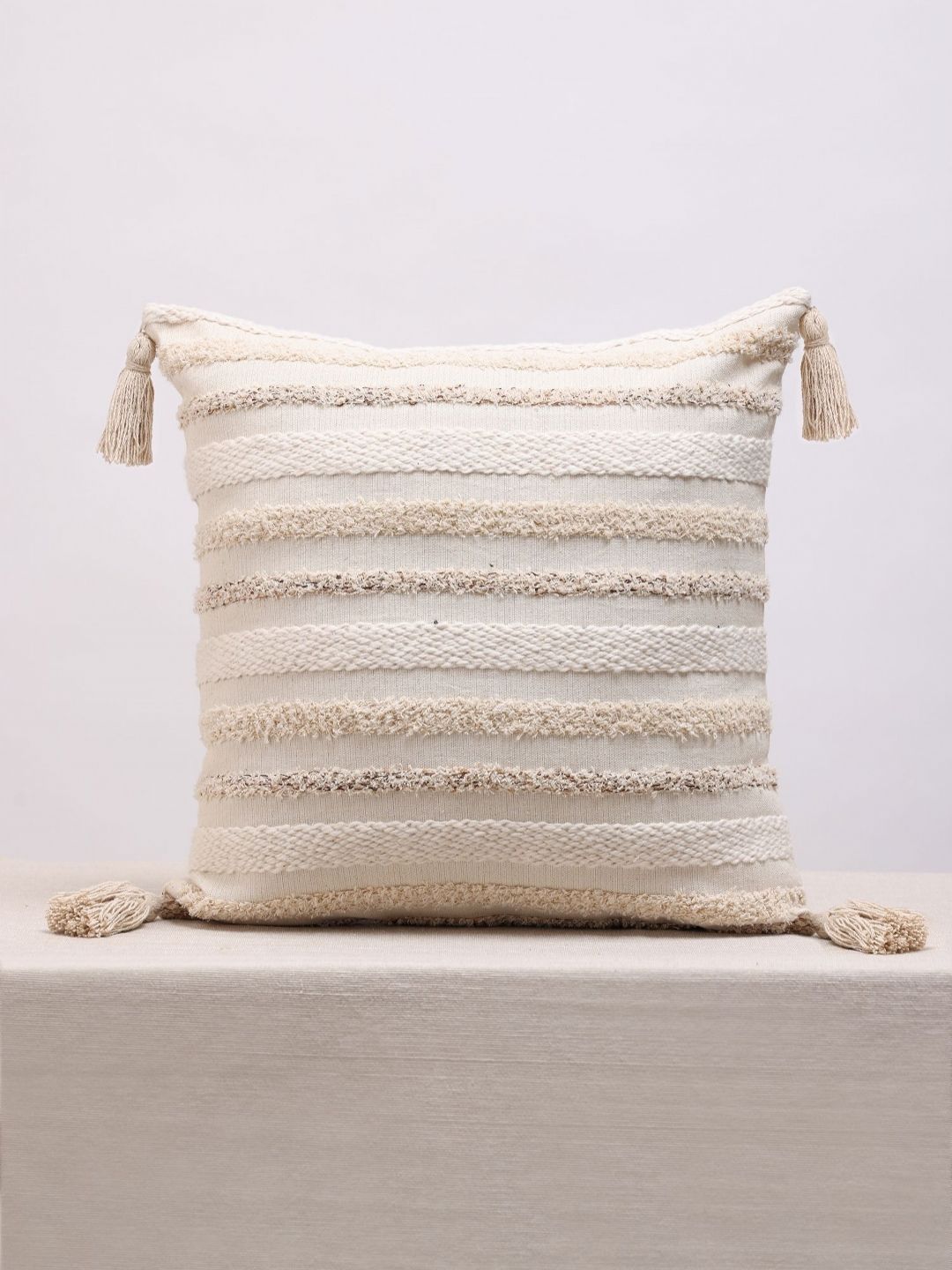ANWYN Modern Indie Cream-Coloured Self Design Cotton Square Cushion Cover-picture-12