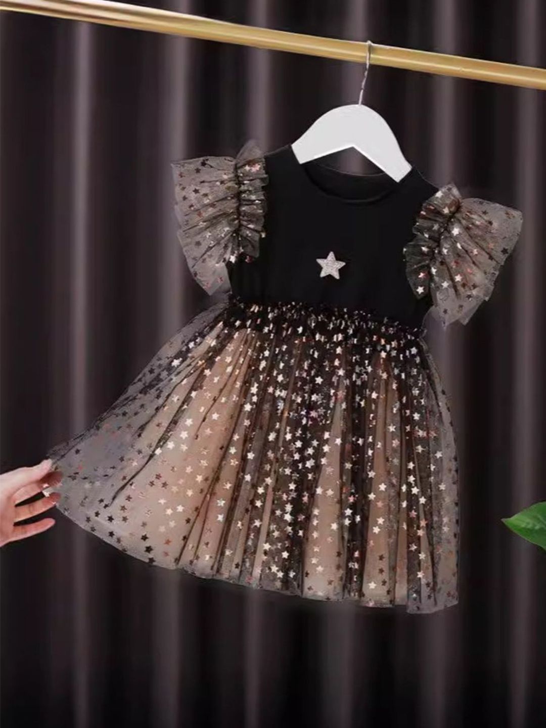 YK Girls Stars Self Design Flutter Sleeve Fit & Flare Dress-picture-12