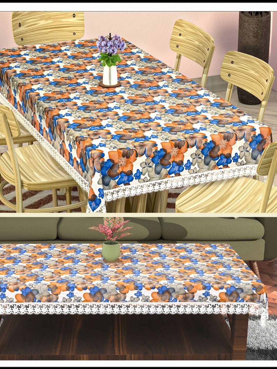 Myntra Elegant Homes White & Blue Floral Printed Rectangular 6-Seater Dining Table Cover-picture-26