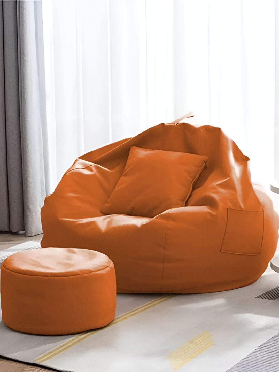 AARIJ MART Orange 3 Pieces Colourblocked Leather Bean Bag With Footrest & Cushion