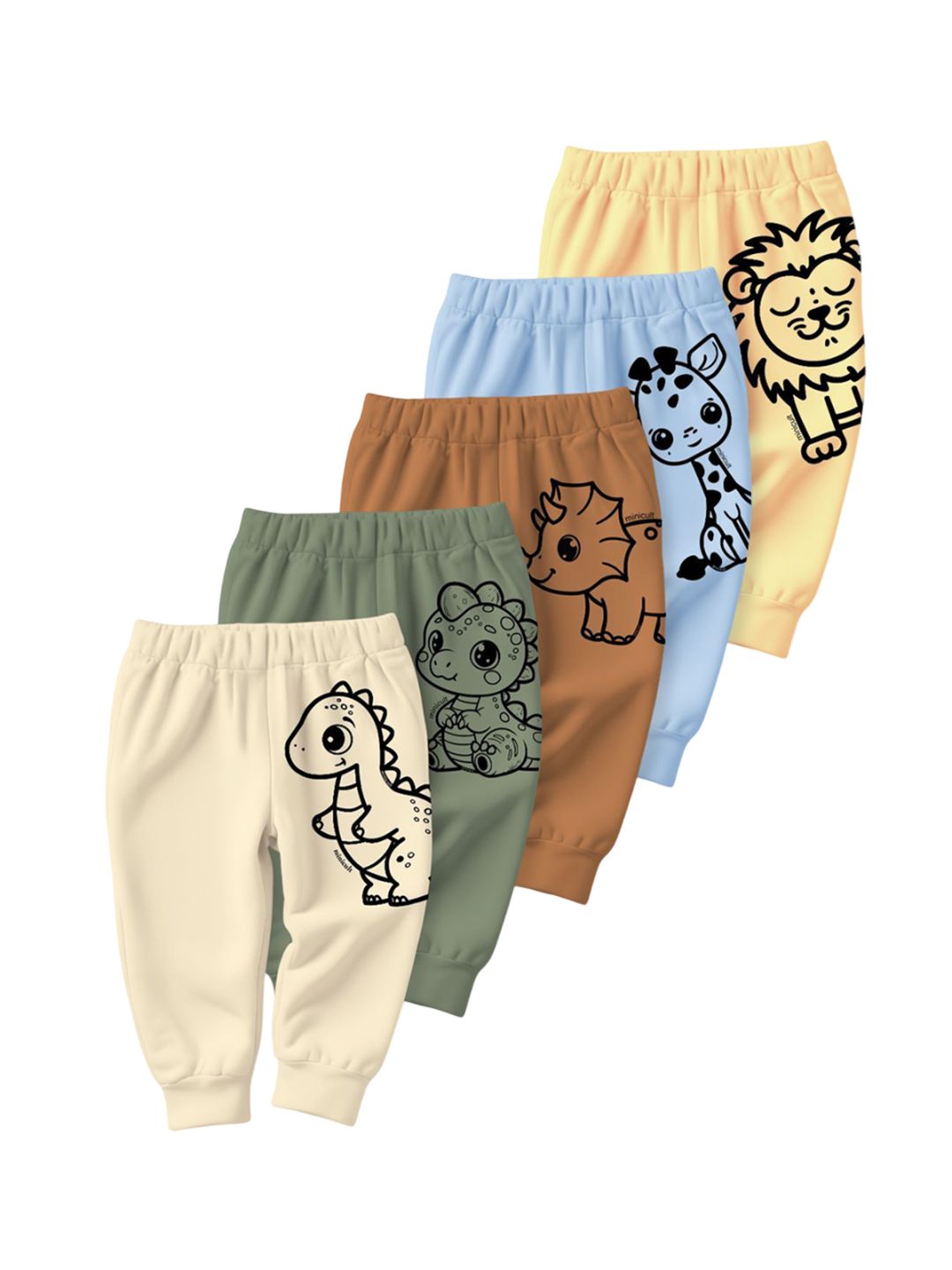 Minicult Kids Pack Of 5 Dinosaur Printed Cotton Joggers-picture-13